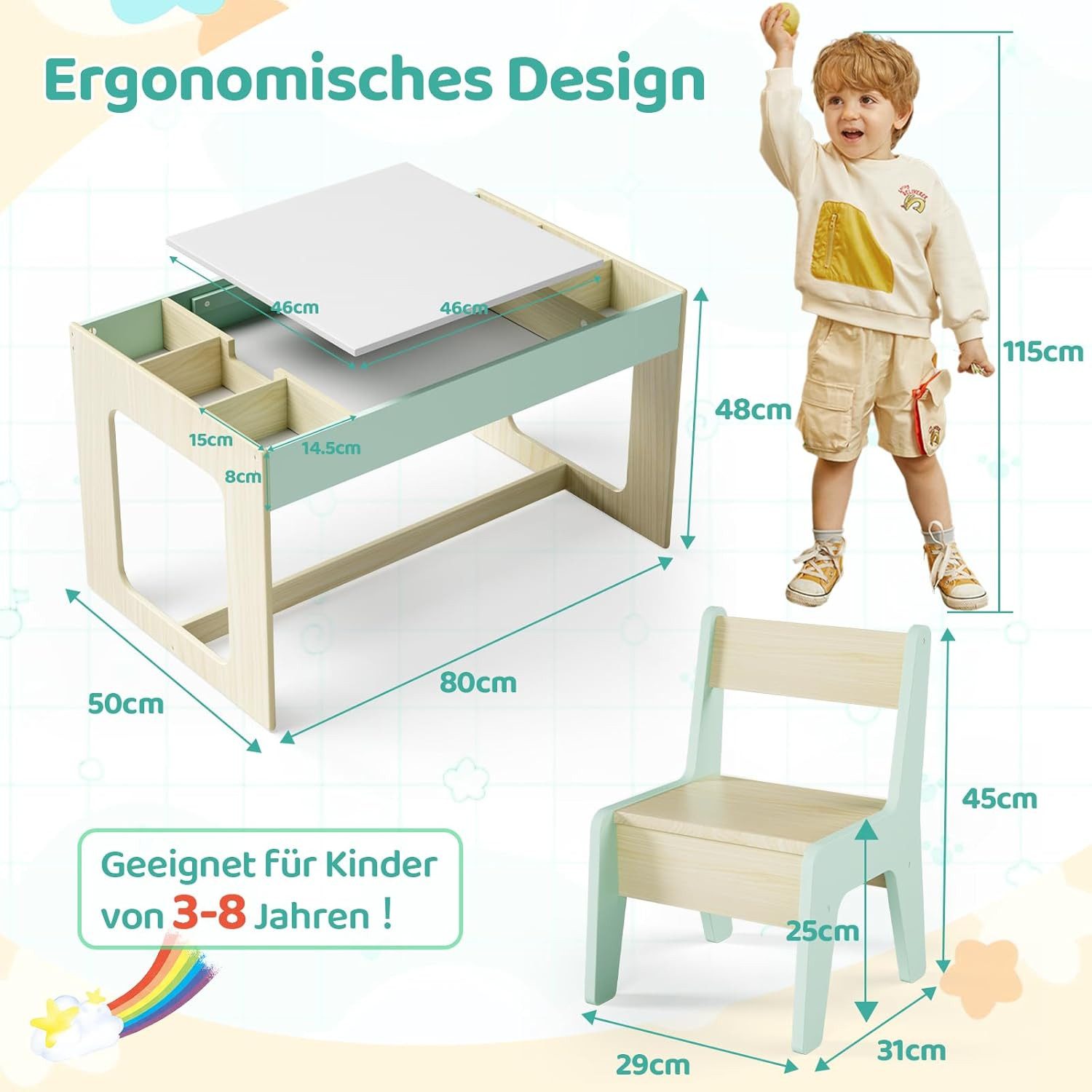 TLGREEN Kindertisch mit 2 Stühlen, Kindersitzgruppe (Kinder Tisch Stuhl Set mit wendbarer Tischplatte, 80 x 48 x 48 cm), Kinderschreibtisch für Schule, Kindertagesstätte, Kinderzimmer