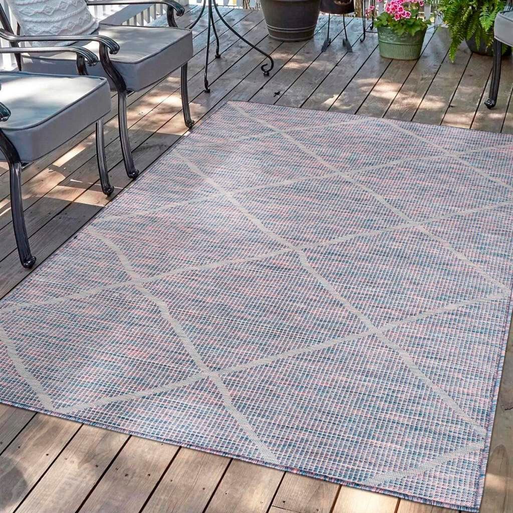 Teppich Palm, Carpet City, 5 Höhe: mm, für Terrasse, blau/pink gewebt UV-beständig, & flach Küche, Balkon, Wetterfest rechteckig