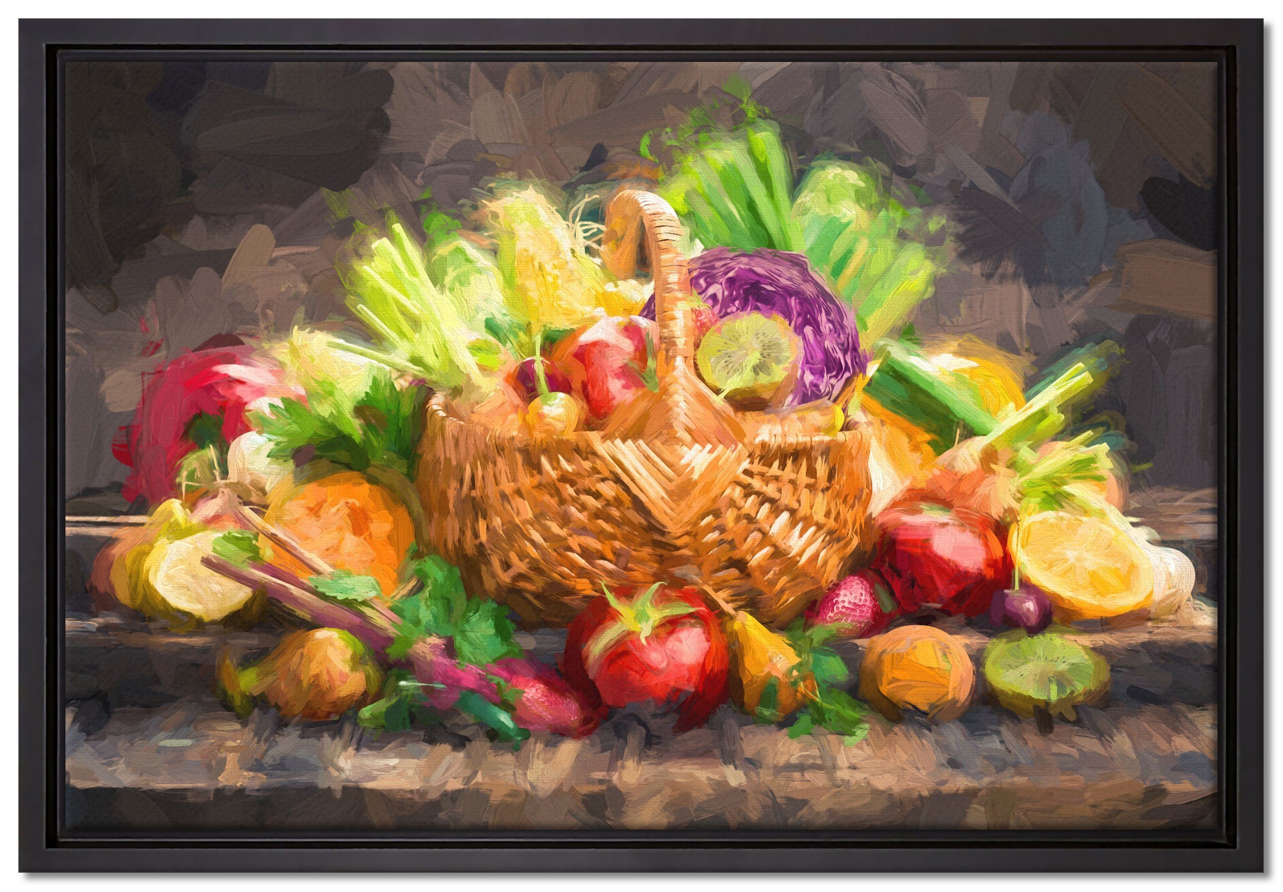 Pixxprint Leinwandbild Obst und Gemüse im Korb, Wanddekoration (1 St), Leinwandbild fertig bespannt, in einem Schattenfugen-Bilderrahmen gefasst, inkl. Zackenaufhänger