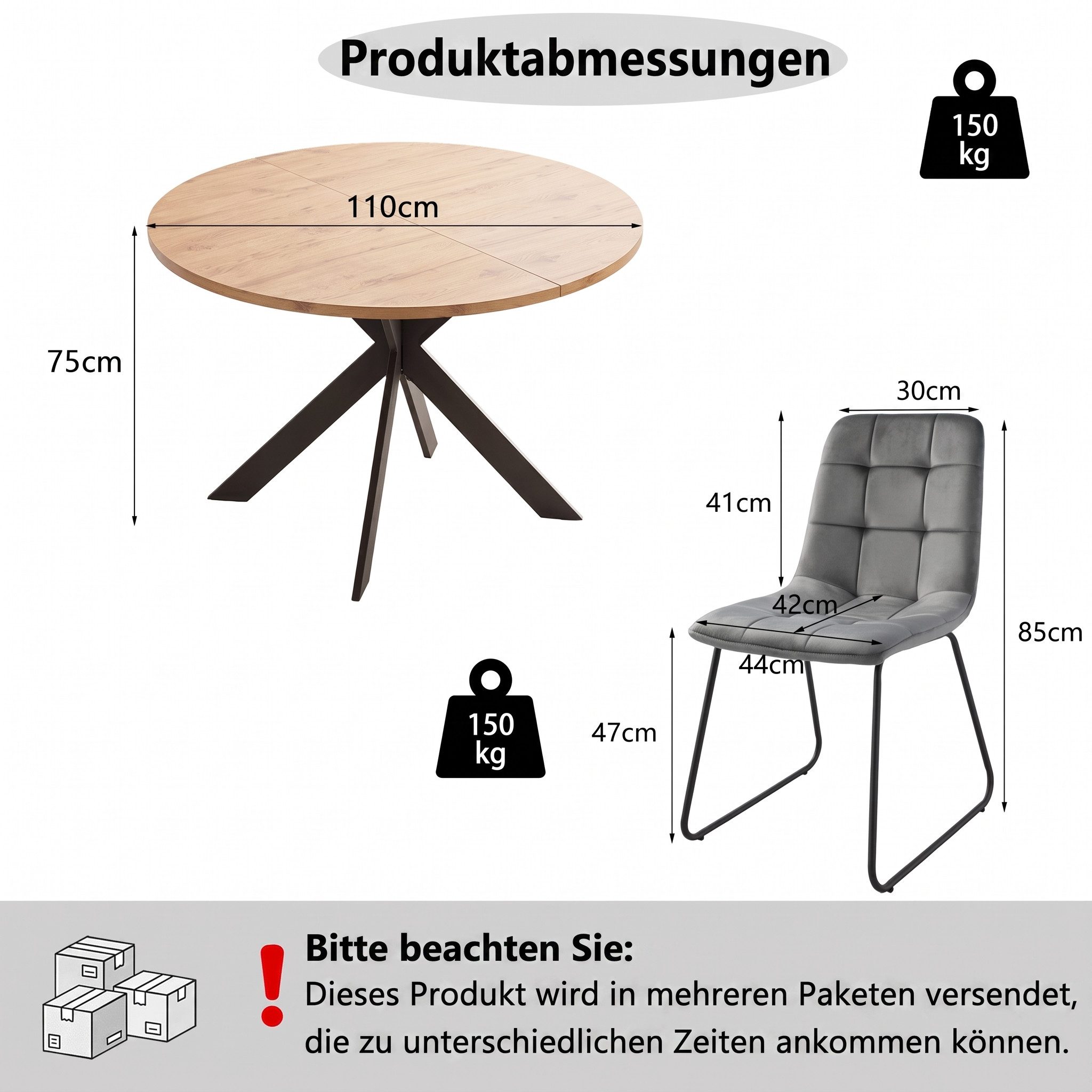 Jiexi Essgruppe Essgruppe Runder Esstisch 110cm MDF Holzoptik Flanell Stühle Set – Bild 3 von 5