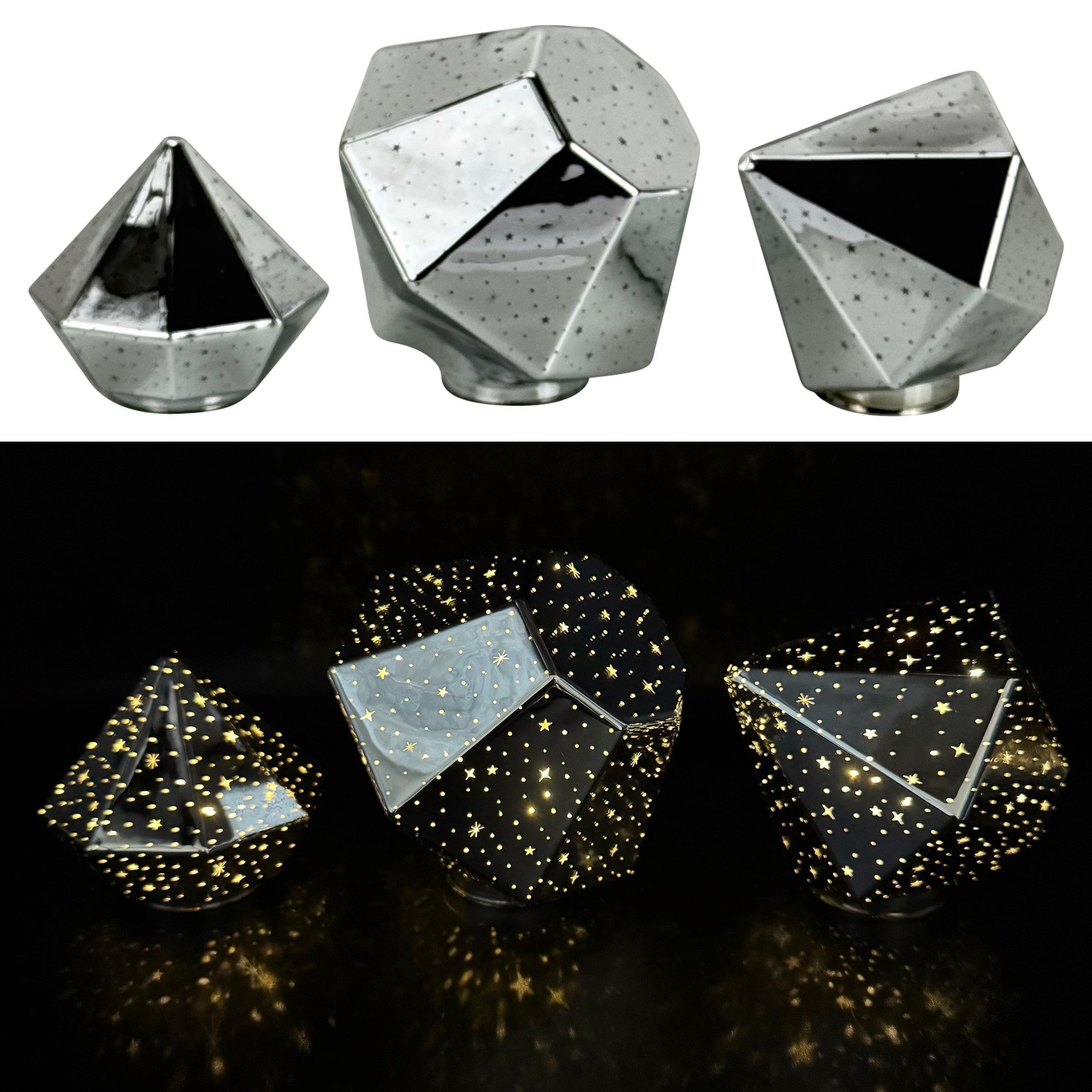 Online-Fuchs LED Dekoobjekt Stimmungslicht - 3 Diamanten aus Glas mit LED-Lichterkette & Timer, Dauerleuchten oder sichter Funkeleffekt, warmweiße LED-Beleuchtung, inklusive praktischer 6-Stunden Timerfunktion