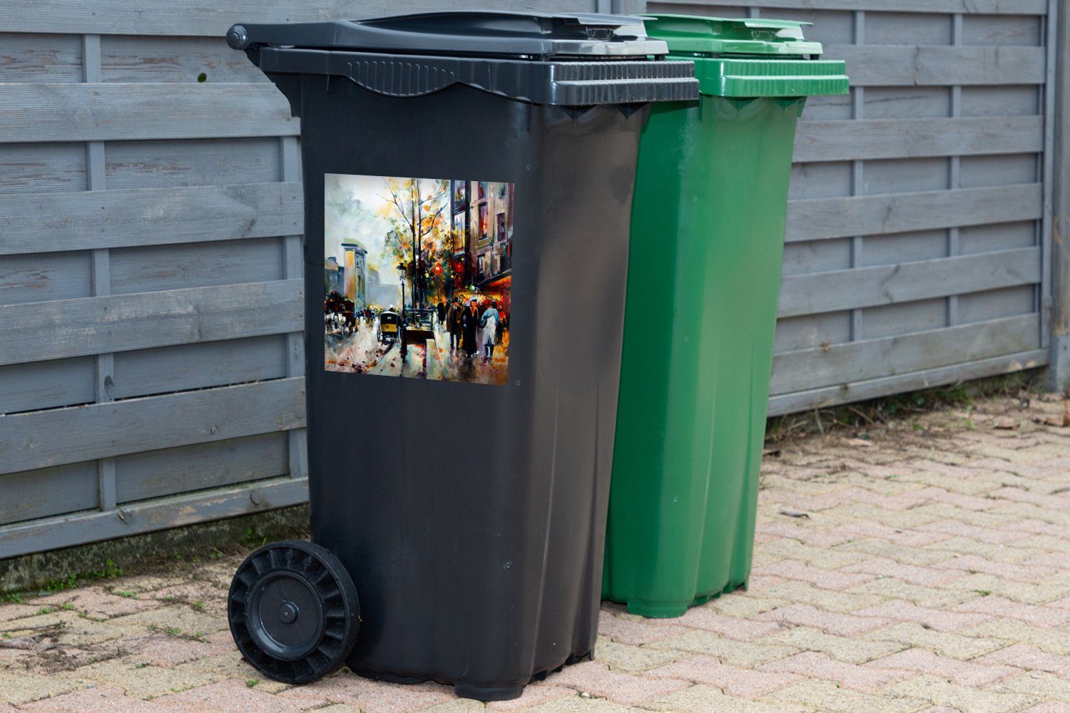 Container, Sticker, Mülltonne, Abfalbehälter MuchoWow Mülleimer-aufkleber, Öl - Stadt - (1 Wandsticker Gemälde St),