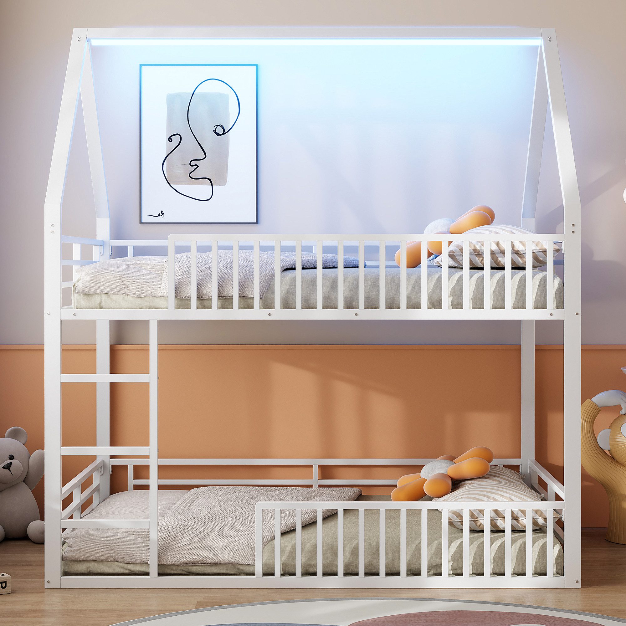 Merax Etagenbett mit LED-Beleuchtung (Hochbett Kinderhaus Hausbett, 1-St), Metallbett Kinderbett 140x200cm mit Zaungeländer Spielbereich Dach – Bild 4 von 5