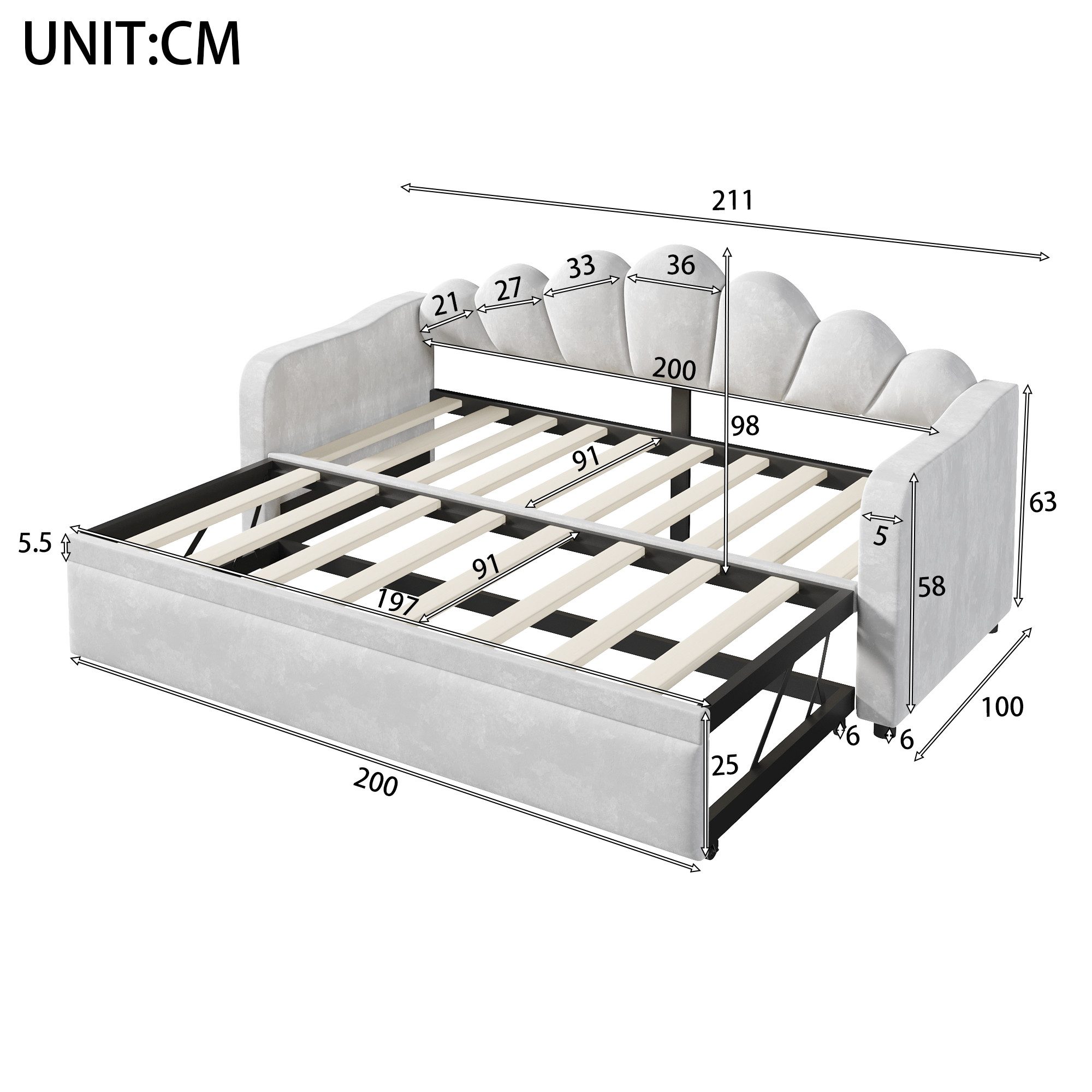 Odikalo Schlafsofa Schlafcouch mit Ausziehbett & LED, Polster-Tagesbett, Ausziehfunktion flach oder aufgestellt – Bild 4 von 5