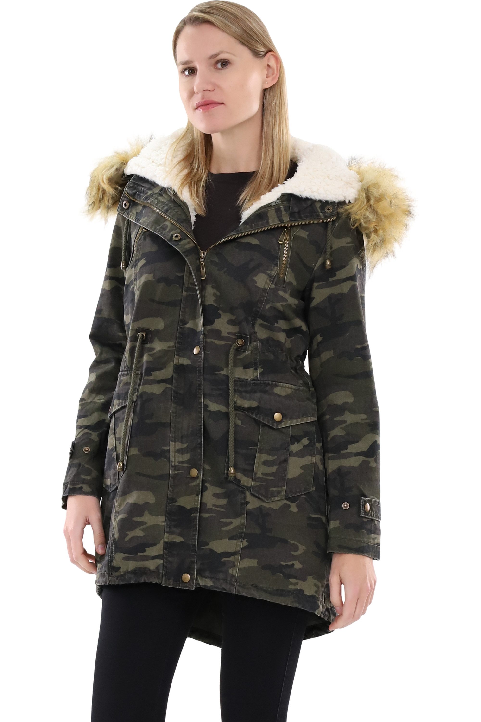 malito more than fashion Parka malito Damen Parka mit Kapuze, Winterjacke mit Kunstfell, gefütterte Winterjacke in Camouflage Military-Look mit Teddyfell