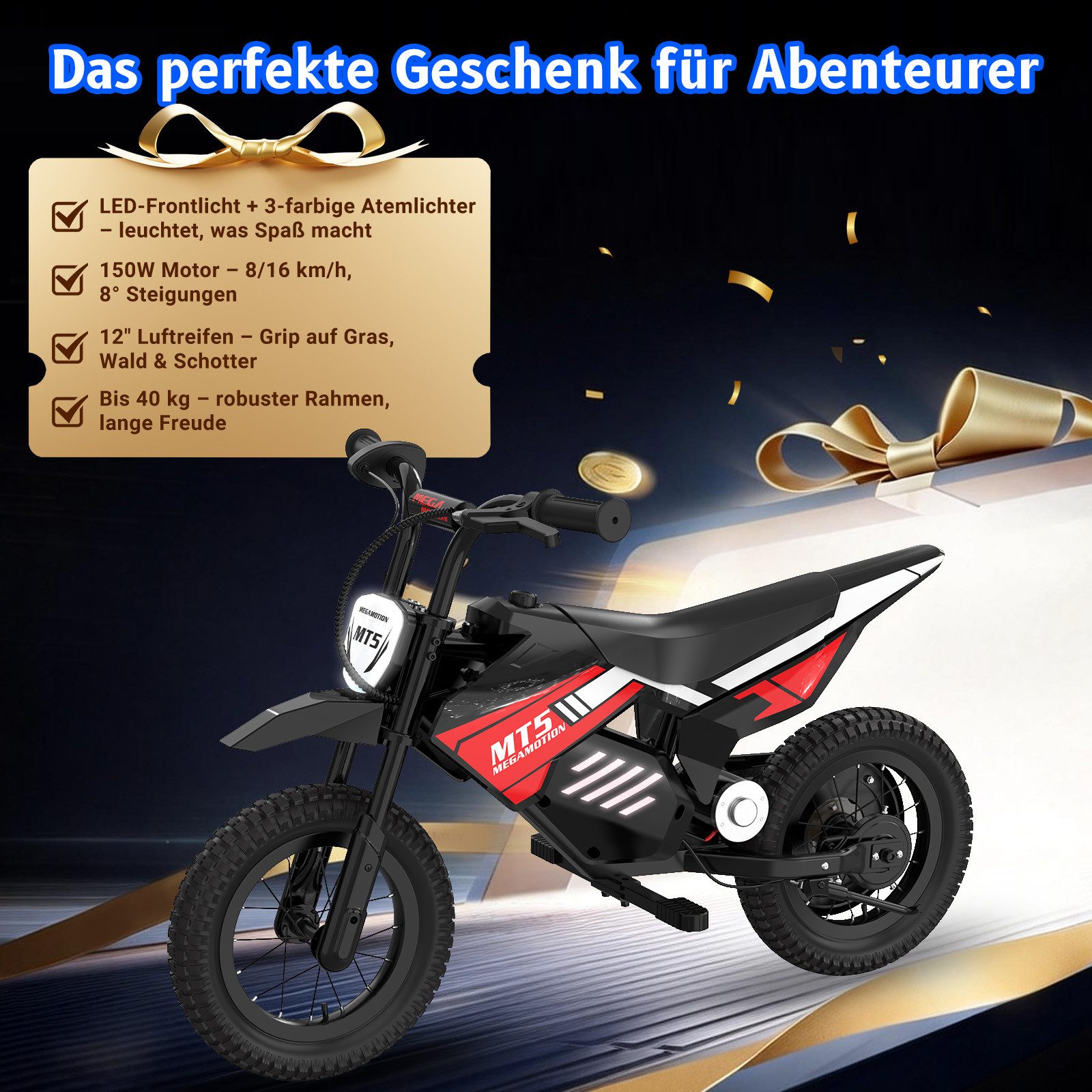 Mega Motion Elektro-Kindermotorrad MT5, 150W, 5,2AH, 8/16 km/h, 12 Zoll Luftreifen, Reichweite 10 km, Belastbarkeit 40 kg, Schnellladung 2–3 h, Elektromotorrad für ab 6 Jahren