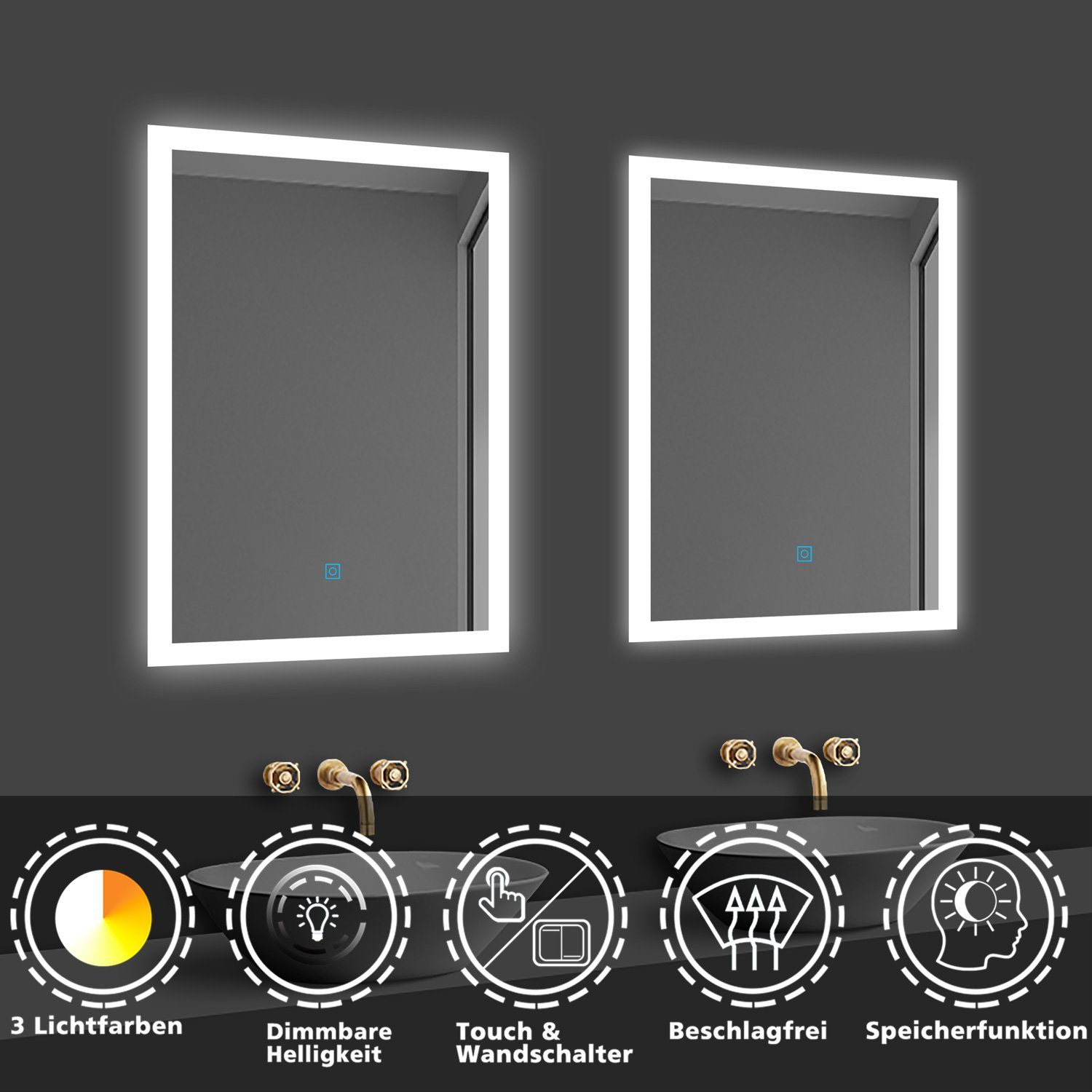3 Badspiegel 50-120 Lichtfarbe-Warm/Neutral/Kaltweiß LED-Lichtspiegel cm, Touch-Schalter duschspa