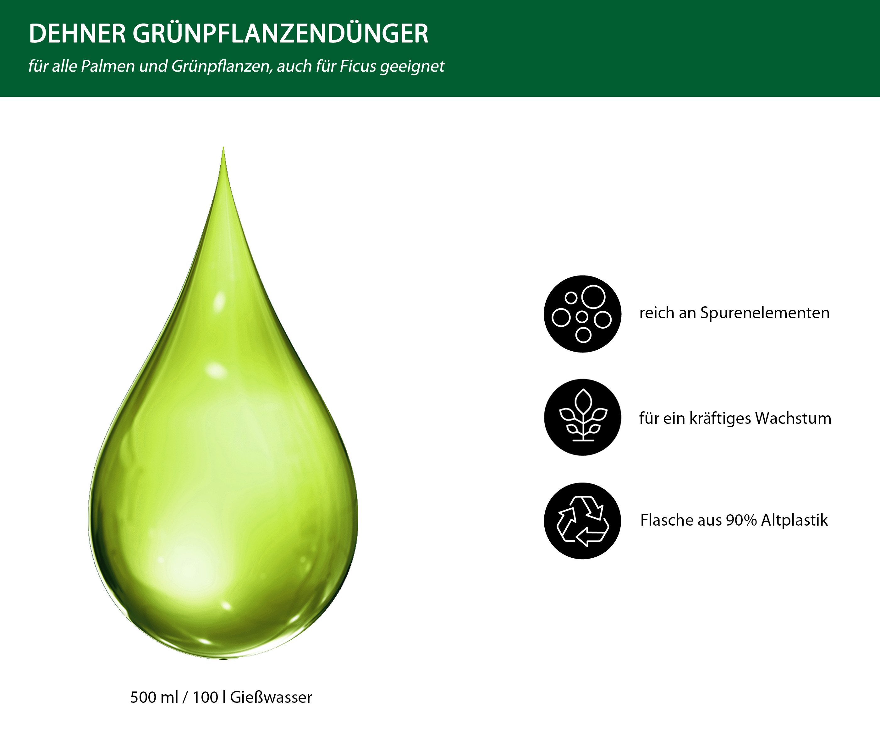 Dehner Blumendünger Grünpflanzendünger, hochwertiger NPK-Dünger, 500 ml, für ca. 100 l, 100 l Gießwasser, Flüssigdünger, organisch, mit Spurennährstoffen