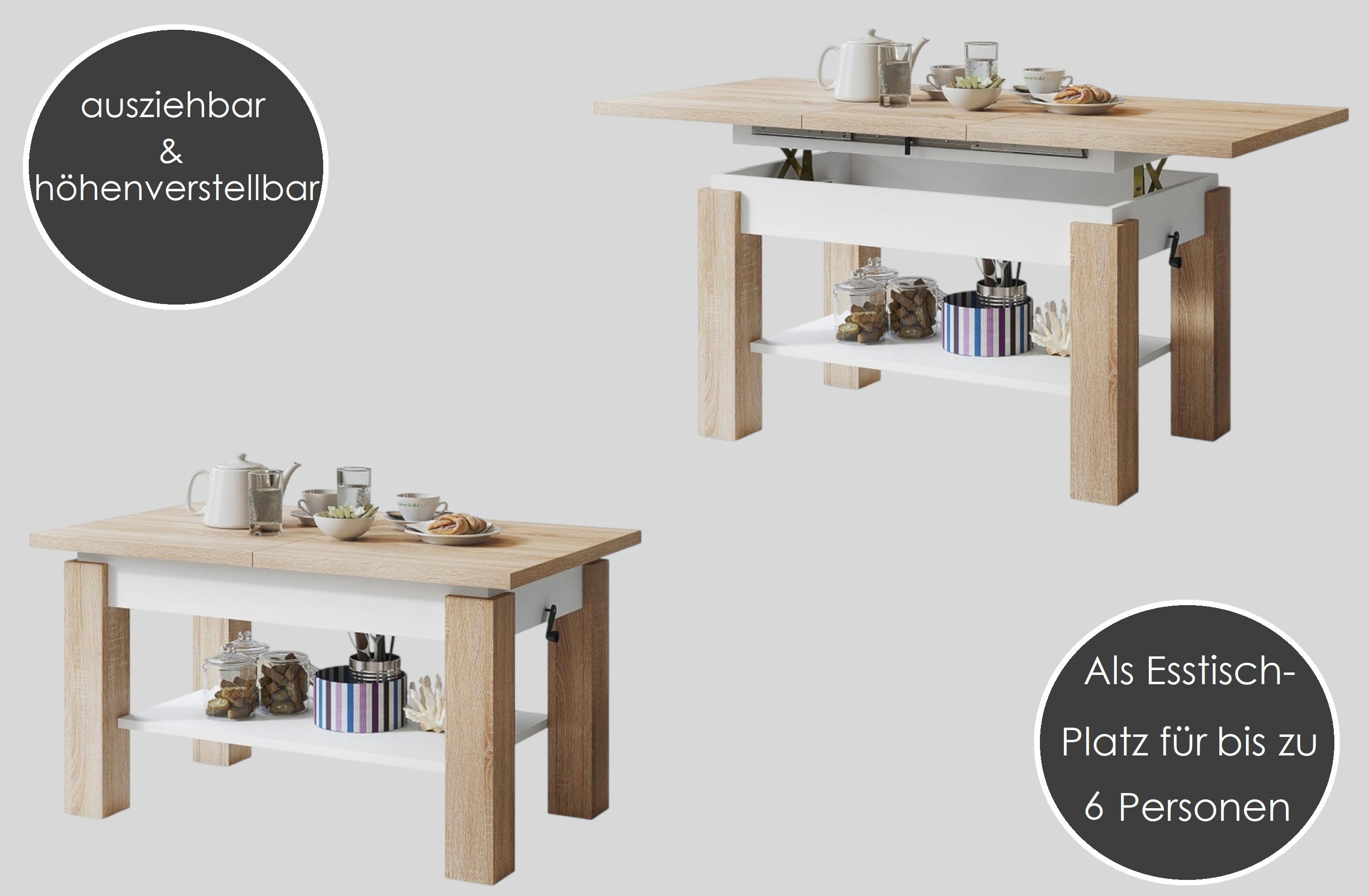 designimpex Couchtisch Couchtisch Astoria Eiche Gold höhenverstellbar ausziehbar Esstisch, Funktionstisch, Wohnzimmertisch, Tisch, Esstisch, Sofatisch – Bild 3 von 5