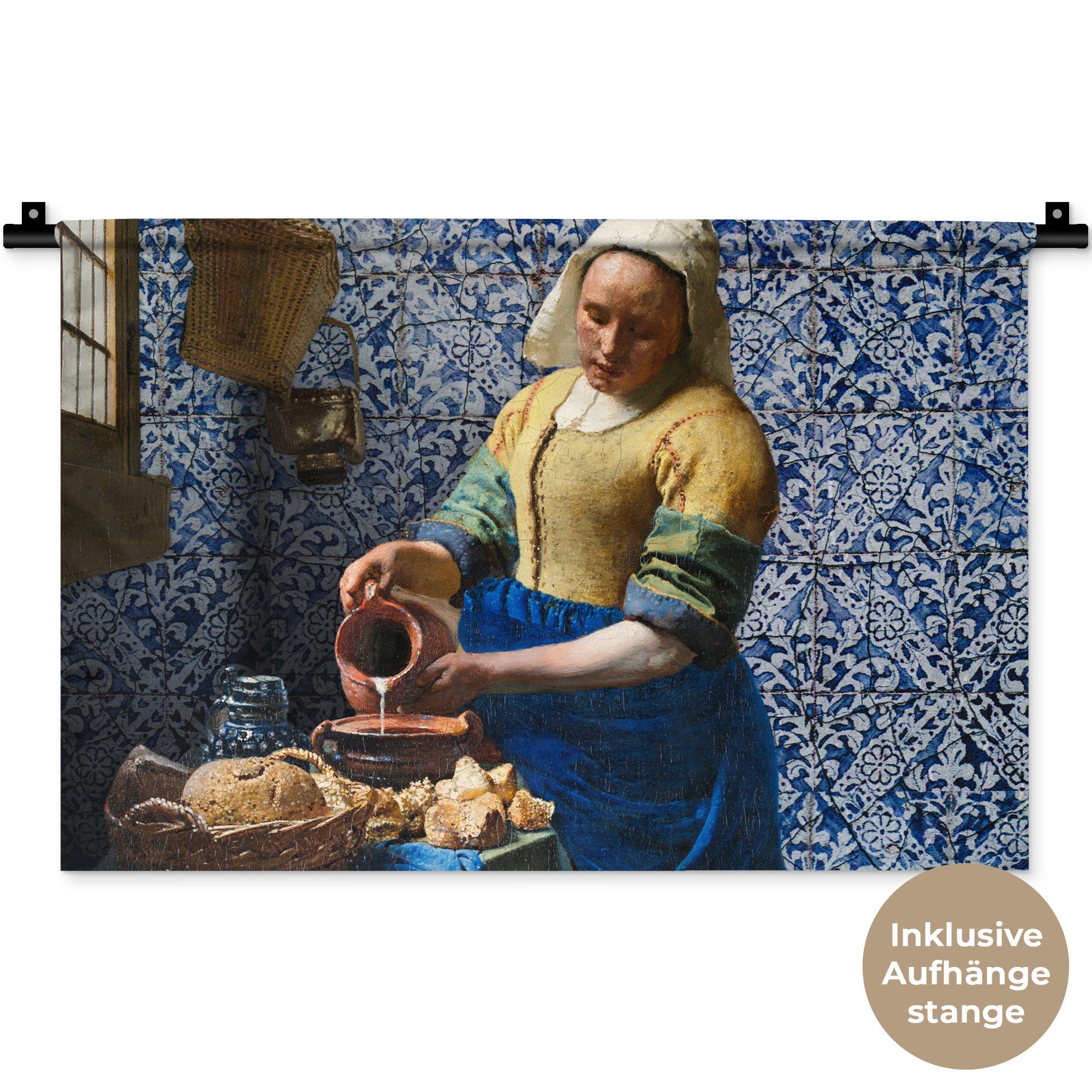 MuchoWow Wandteppich Milchmädchen - Delfter Blau - Vermeer - Gemälde - Alte Meister, Rechteckig, Höhe: 3 mm, Wandteppich für Wohnzimmer, Schlafzimmer, 60x40 cm
