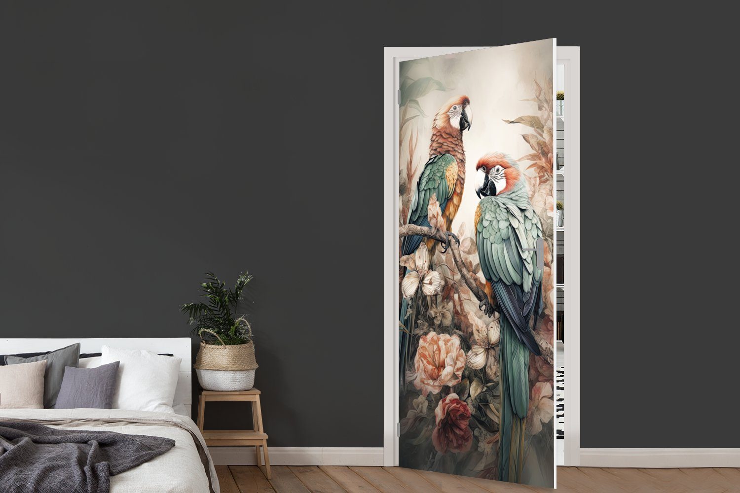 MuchoWow Türtapete Papageien - bedruckt, Türaufkleber, Vögel cm 75x205 - - Natur Blumen, für Matt, Fototapete Tür, St), (1