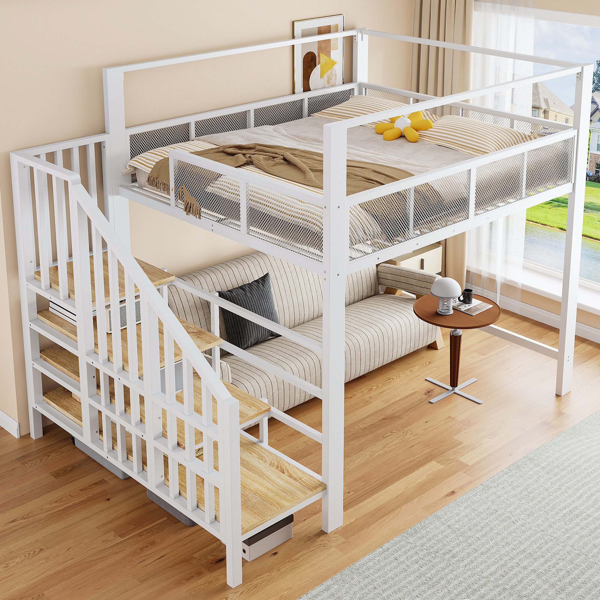 Flieks Hochbett Metallbett Kinderbett 140×200cm mit Stauraumtreppe