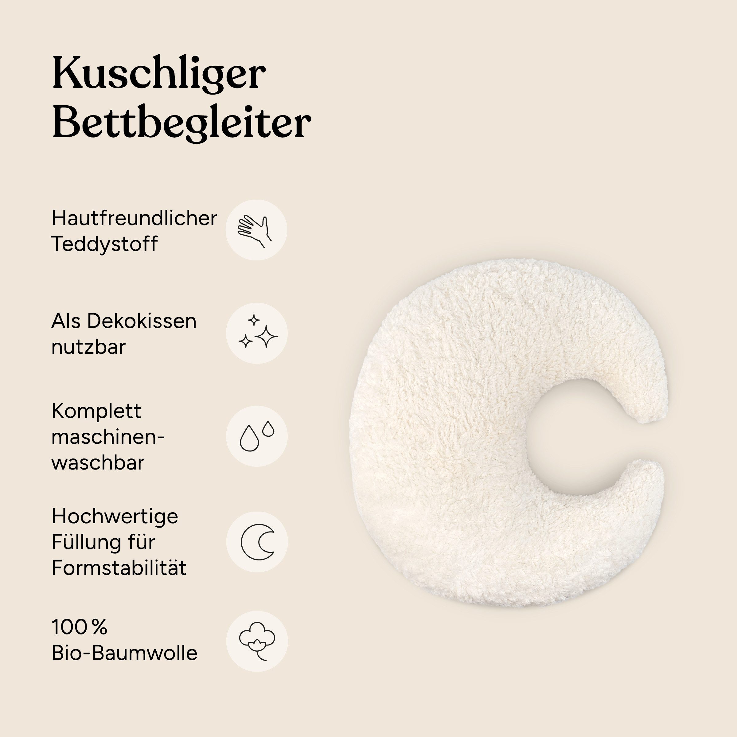 Ehrenkind Dekokissen Kuschelkissen Mond aus Bio-Baumwolle, Kissen aus Teddystoff, natürlich & kuschelig