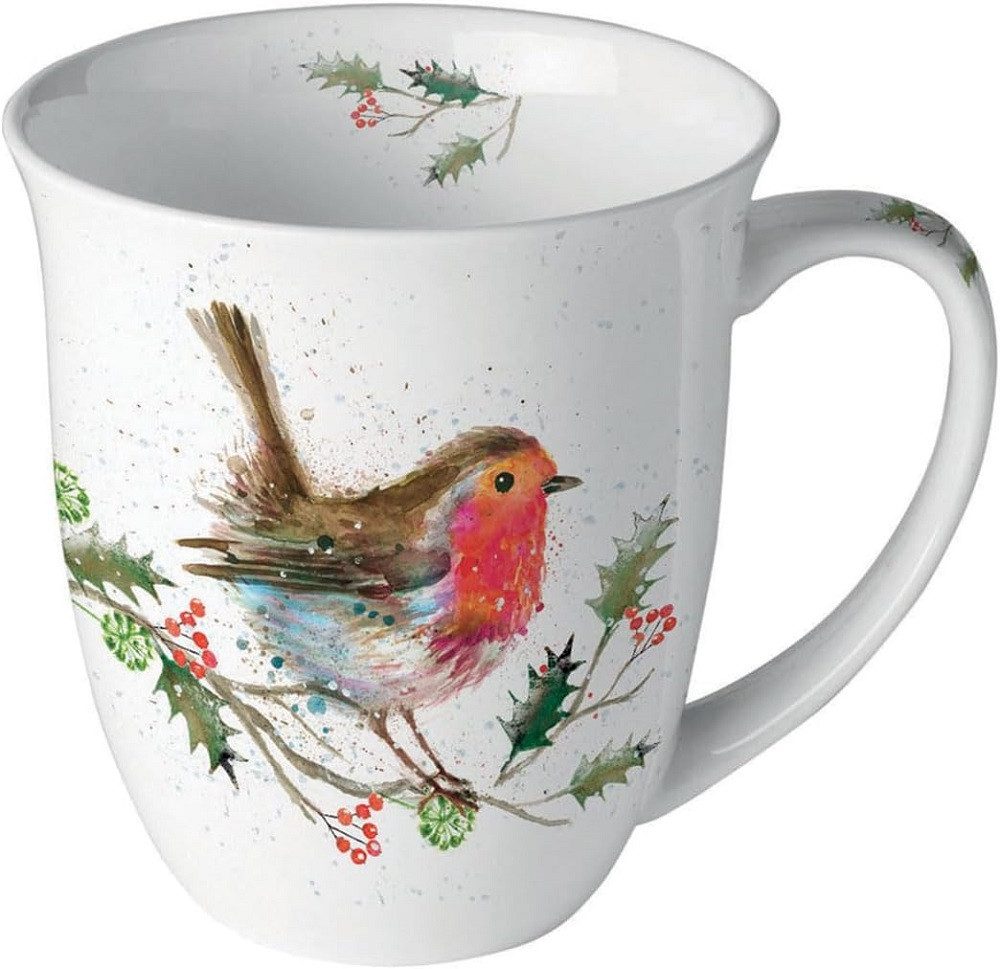 Ambiente Luxury Paper Products Becher Blumen, Frühling, Vogel, Sommer, Blossom, Mug, Winter Motiv, 1-tlg., Porzellan Rotkehlchen -Winter, Frühling, Herbst, Kollektion, Tischdeko, als Geschenk geeignet