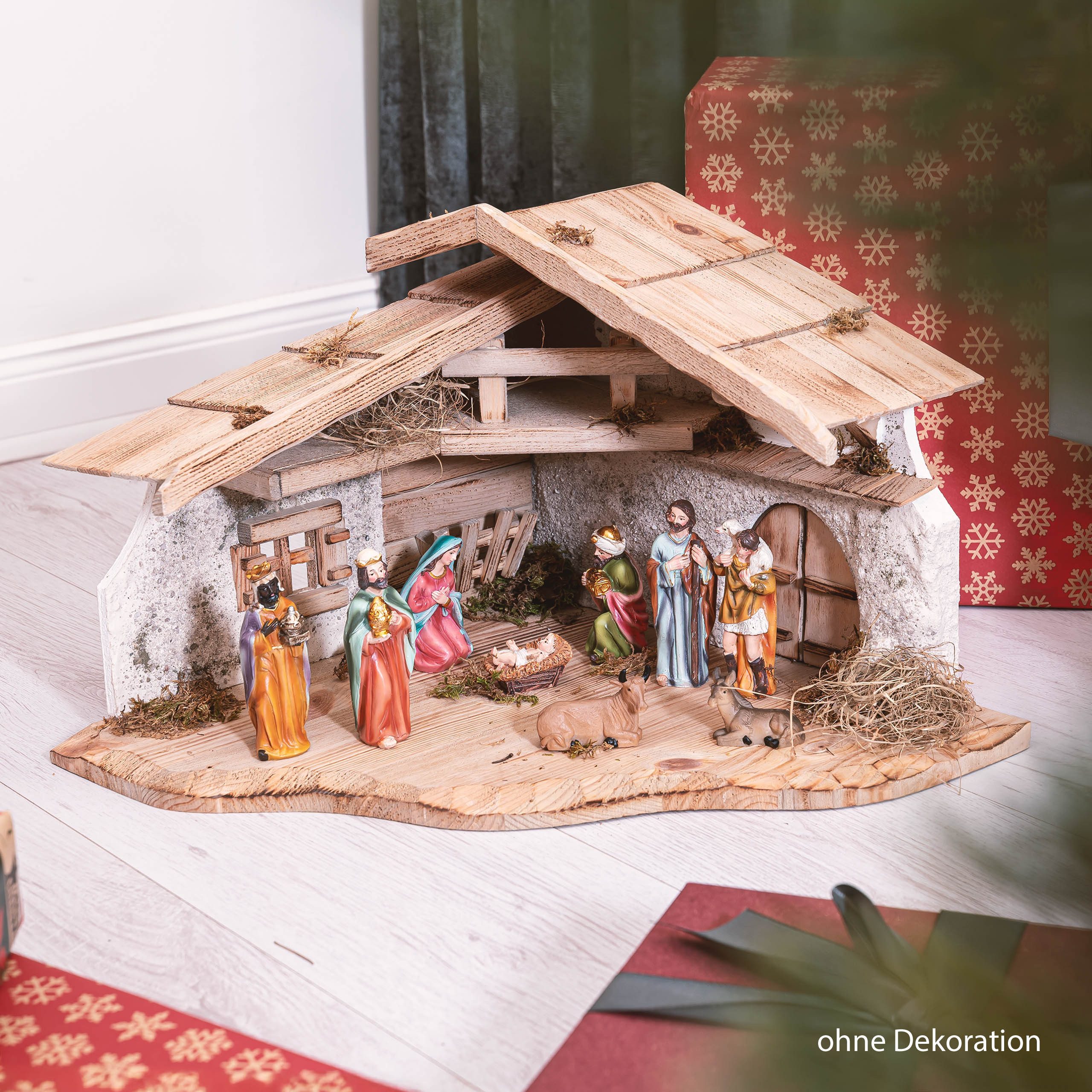kamelshopping Krippe Große Weihnachtskrippe, aus Holz und Gips gefertigt, mit Moos, Steinen und Stroh geschmückt, sehr detailreiche Krippe