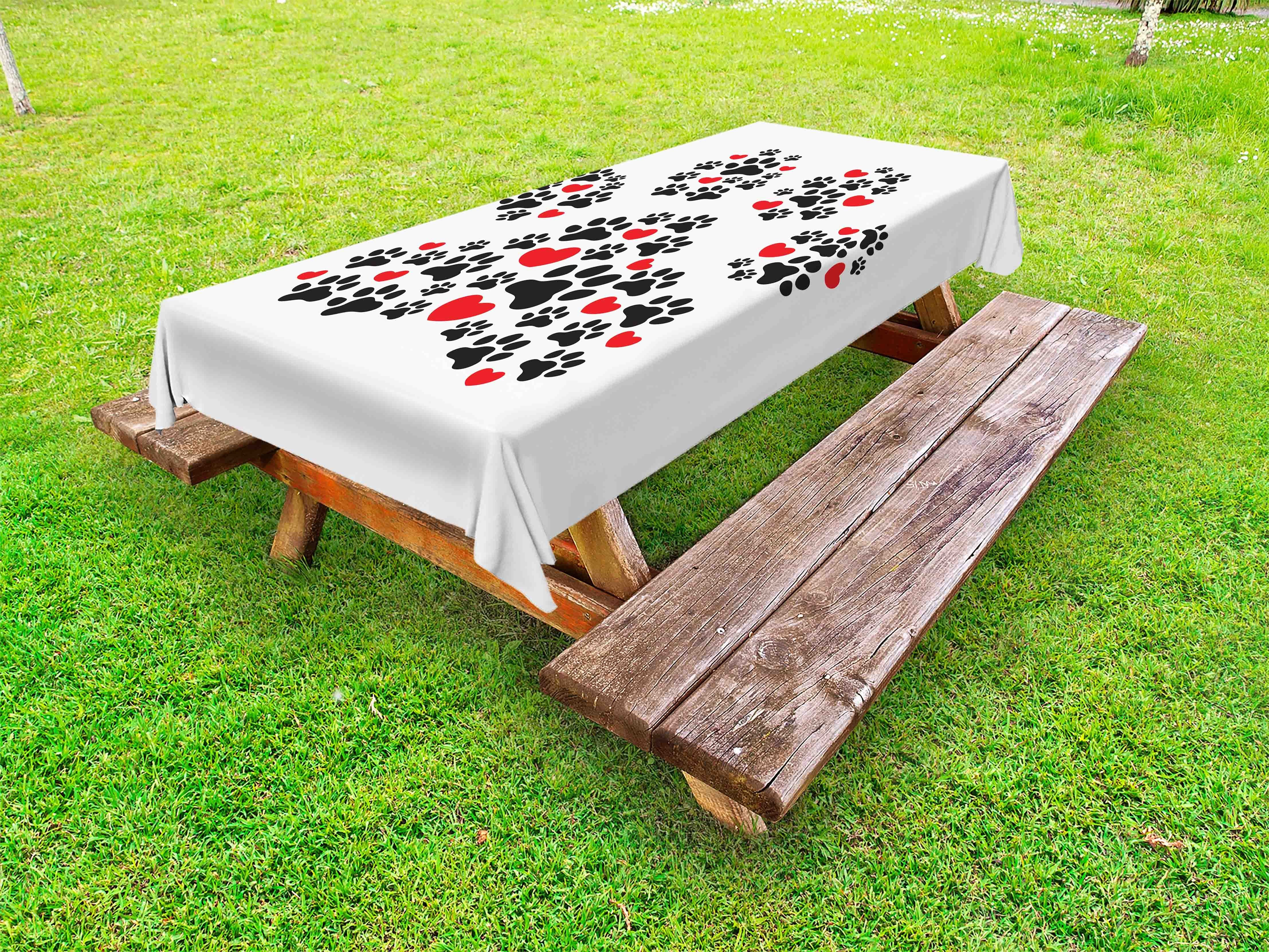 Abakuhaus Tischdecke dekorative waschbare Picknick-Tischdecke, Herzen und Spuren Pfotenabdruck Hund