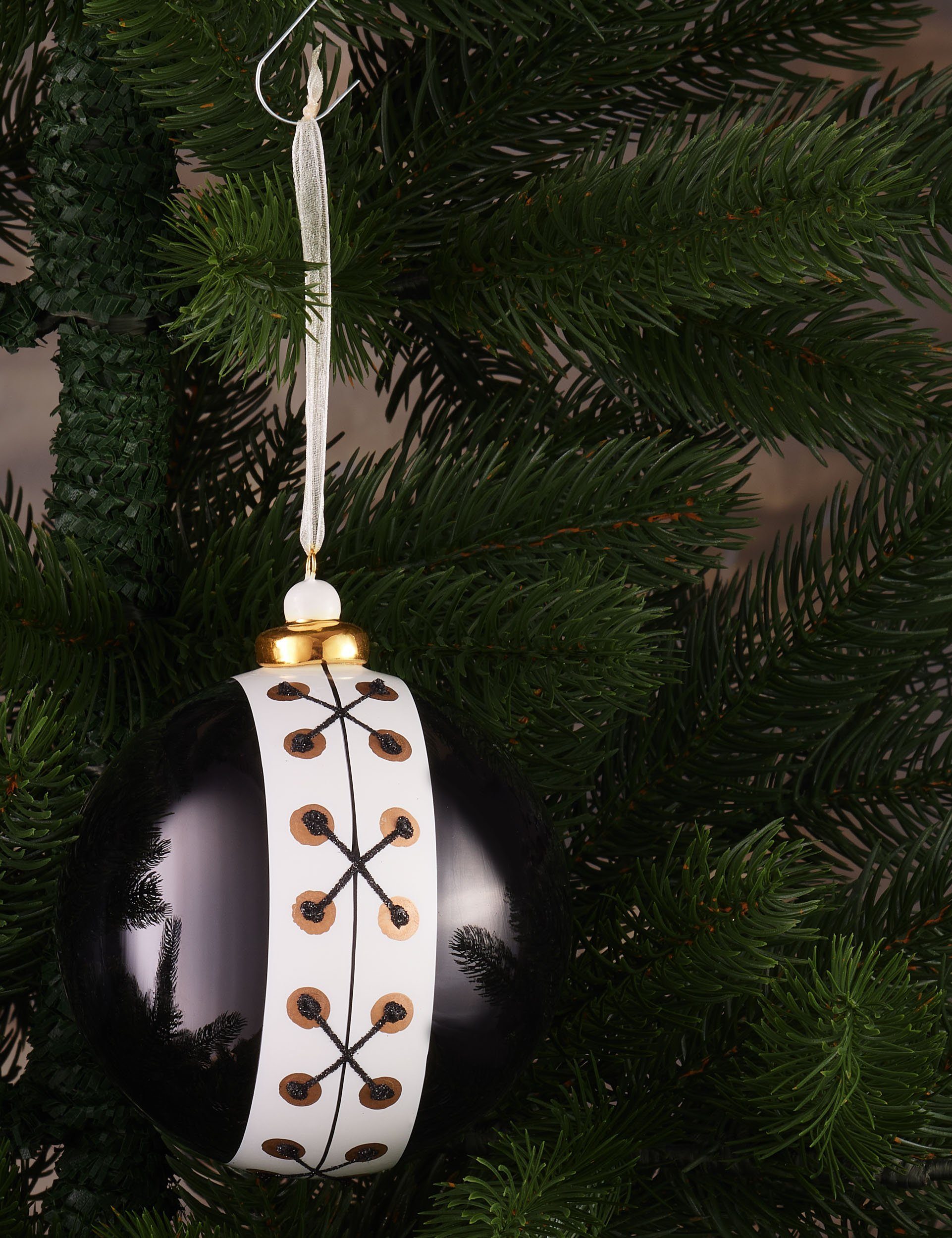 10 (1 Glas Gold Spitze aus cm Porzellan mit Premium Baumkugel Weihnachtskugel St), Schwarz und Weihnachtsbaumkugel Smoking BRUBAKER Weiß