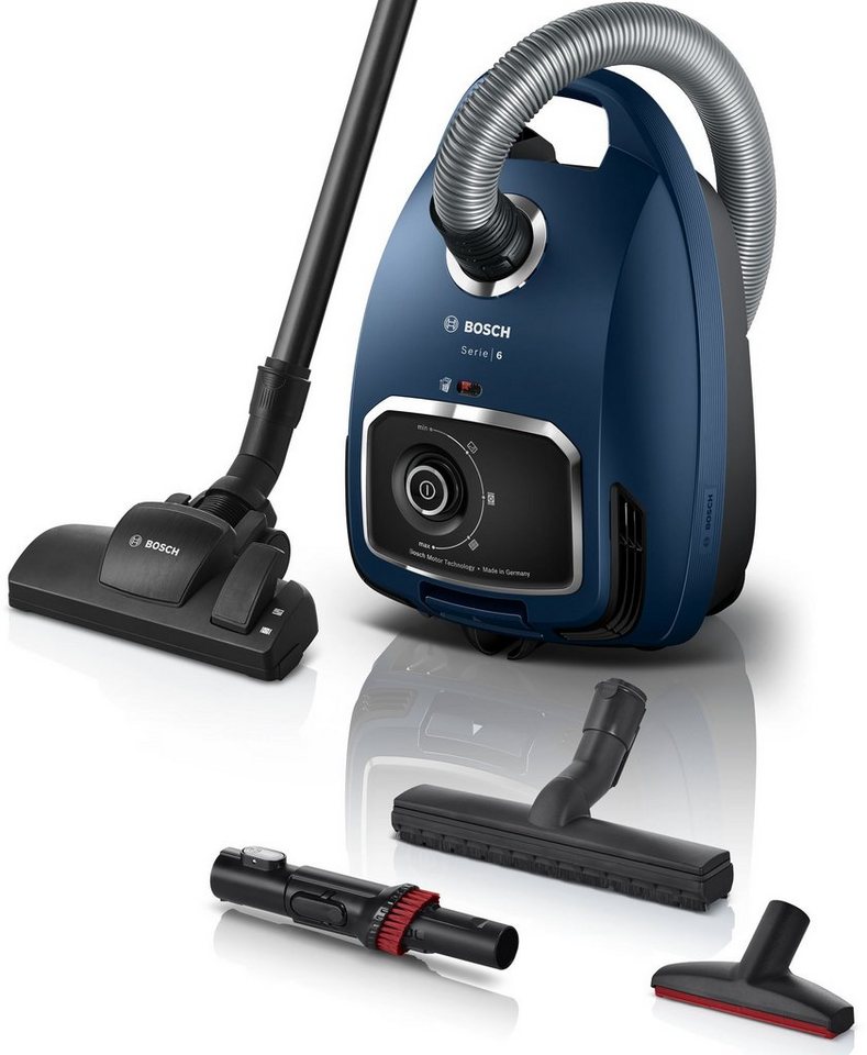 BOSCH Bodenstaubsauger BGL6XSIL3, Serie 6, blau, 600 W, mit Beutel, extra  leise (69 dB), langes Kabel, Universalbürste für sanfte Reinigung von  Möbelstücken sowie XXL-Polsterdüse