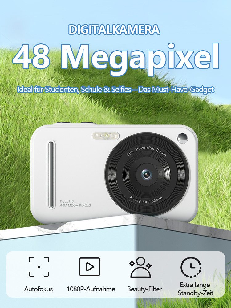 Tekoo Digitalkamera für Einsteiger, 48MP Full HD inkl. 32GB Karte & 16x Zoom Kompaktkamera (HD Autofokus Objektiv, 48 MP, 1x opt. Zoom, inkl. 8-teiliges Komplettset inklusive 32GB Speicherkarte, 48MP Auflösung, Inklusive 32GB Speicherkarte)