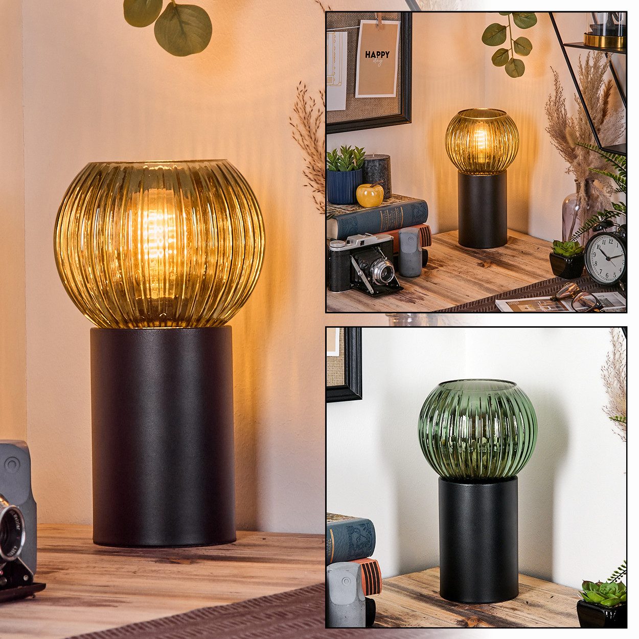 hofstein Tischleuchte Tischlampe aus Metall/Riffelglas in Schwarz/Grün, ohne Leuchtmittel, Leuchte im Retro/Vintage-Design mit Glasschirm (15 cm), 1 x E27