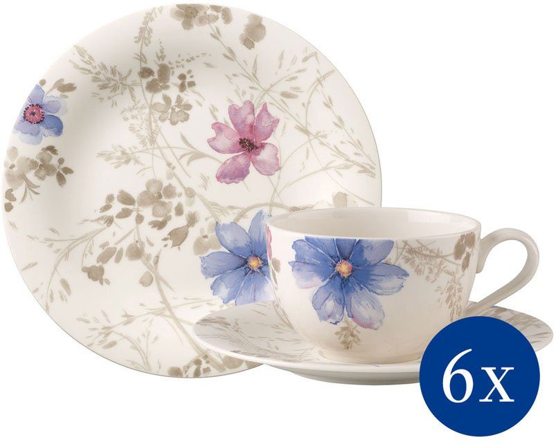 Villeroy & für (18-tlg), Mariefleur mit Boch Kaffeeservice Teile, 6 Gris schönen Basic Blumenmuster, Geschirr-Set, Service Porzellan, 18 6 Personen, Personen