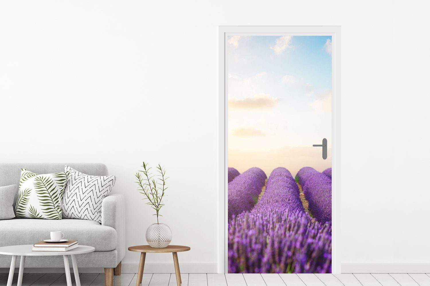 MuchoWow Türtapete für Lavendel Himmel Blumen, Matt, - bedruckt, Tür, St), Wolken Fototapete (1 Türaufkleber, - 75x205 - cm