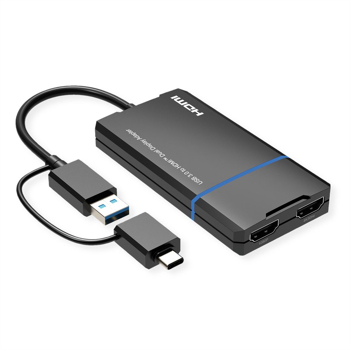 USB Display Adapter, USB Typ A+C - 2x HDMI Audio- & Video-Adapter