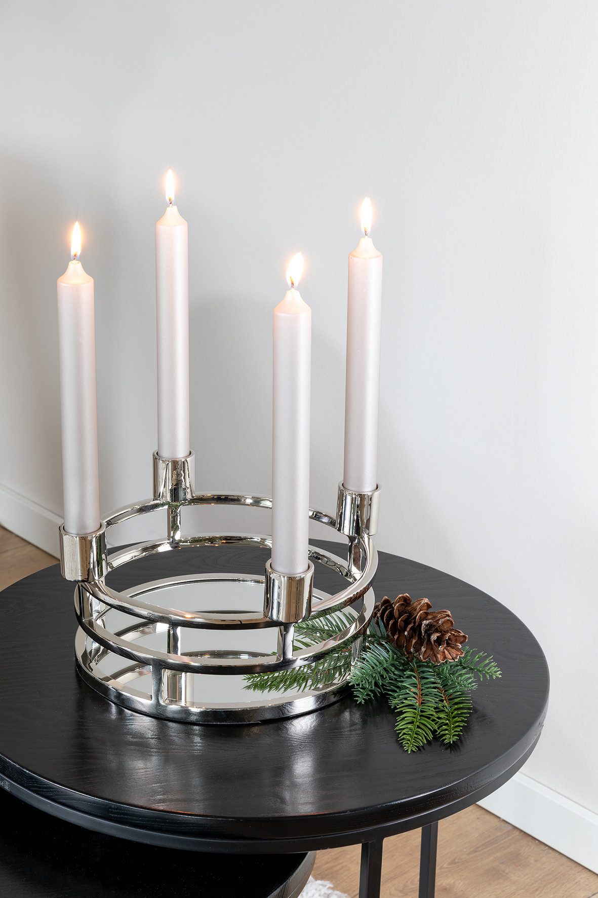 Fink Tablett MODENA, Spiegeltablett, Aluminium, Edelstahl, Glas, (1-tlg), Kranz f. Stabkerzen, Kerzentüllen demontierbar, Ø 28,5 cm