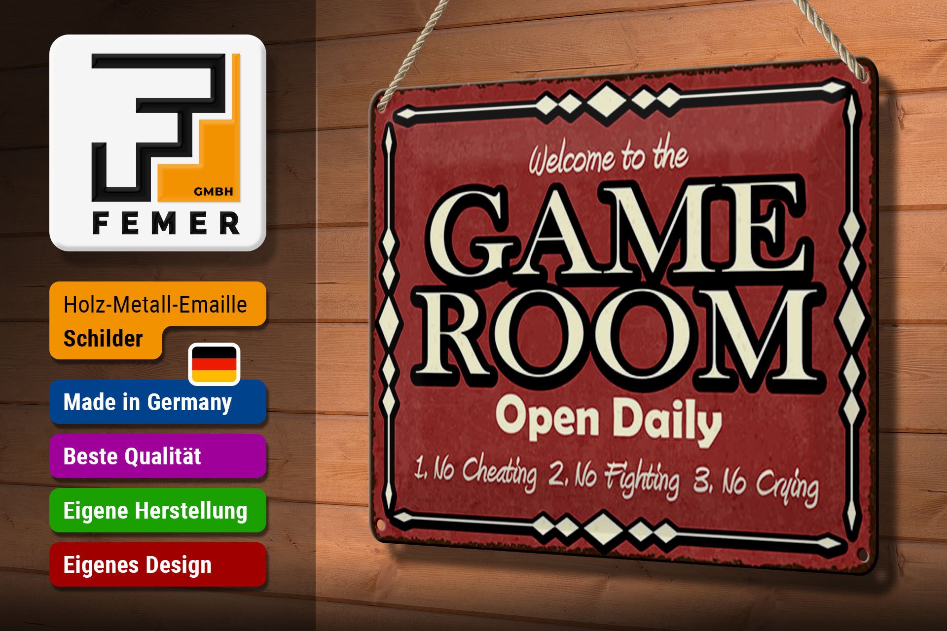Femer GmbH Metallschild 12x18 cm Game room open daily rotes Deko, (1 St), gewölbte Oberfläche, abgerundete Ecken, umgeschlagene Kanten