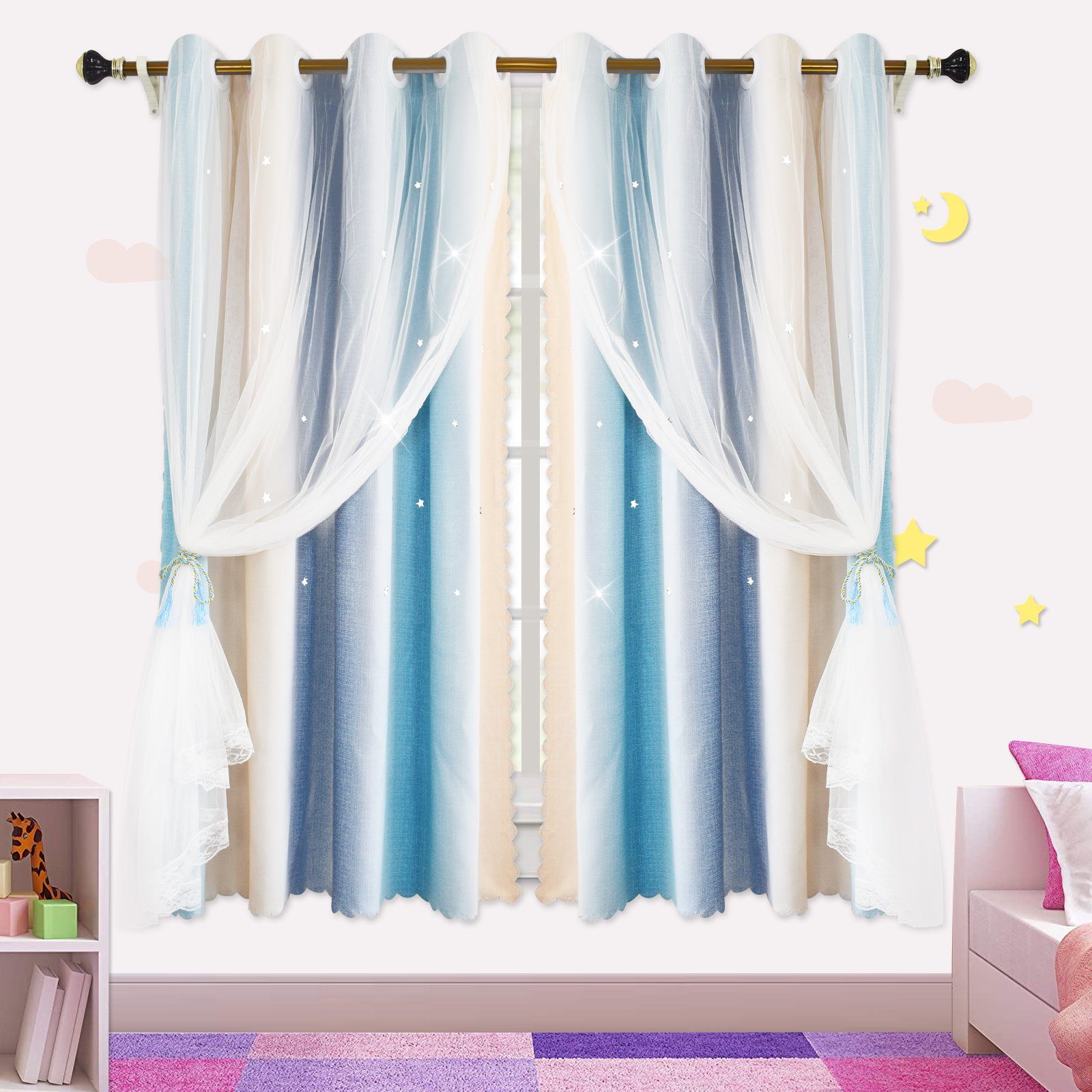 Sunicol Scheibengardine Fenstervorhang,Doppellagig,Schleife Garn Tüll,Hollow-Out Ombre Sterne (2 St), Öse, stark perforiert, W*H: 132x160cm,132x215cm,132x243cm