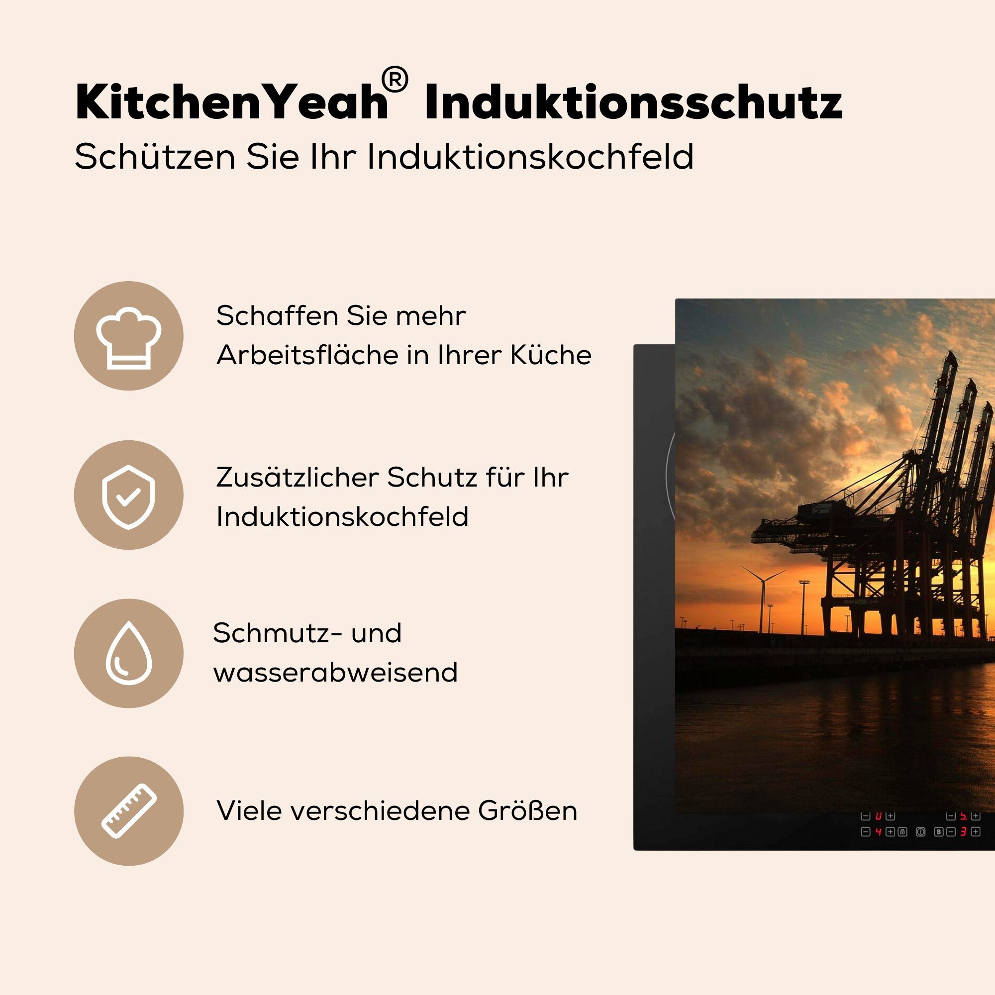 - MuchoWow Herdblende-/Abdeckplatte Schutz cm, - Hamburg, Vinyl, (1 Induktionskochfeld Hafen tlg), 81x52 Kran küche, für die Ceranfeldabdeckung