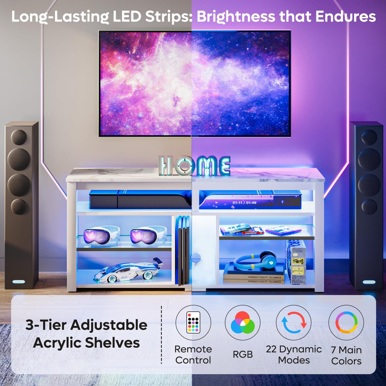Bestier Lowboard TV-Schrank, Sideboard, Gaming TV Board mit LED-Beleuchtung (Breite 140 cm Fernsehtisch, 1 St, TV-Ständer für 55/60/65 Zoll Fernseher), Medien-TV Cabinet mit verstellbarem Regal, Weißer Marmor/Schwarze