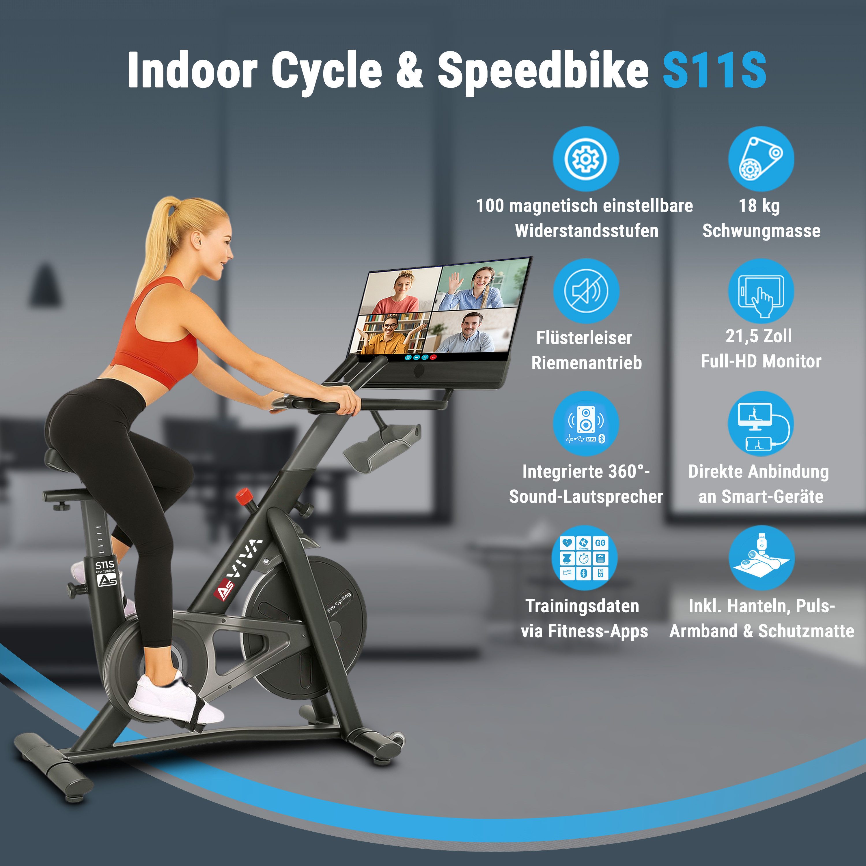 AsVIVA Speedbike S11S Smart Fitnessbike (Inkl. Hantelset), 21,5″ Full-HD Display, 100 Widerstandsstufen, Bluetooth-App