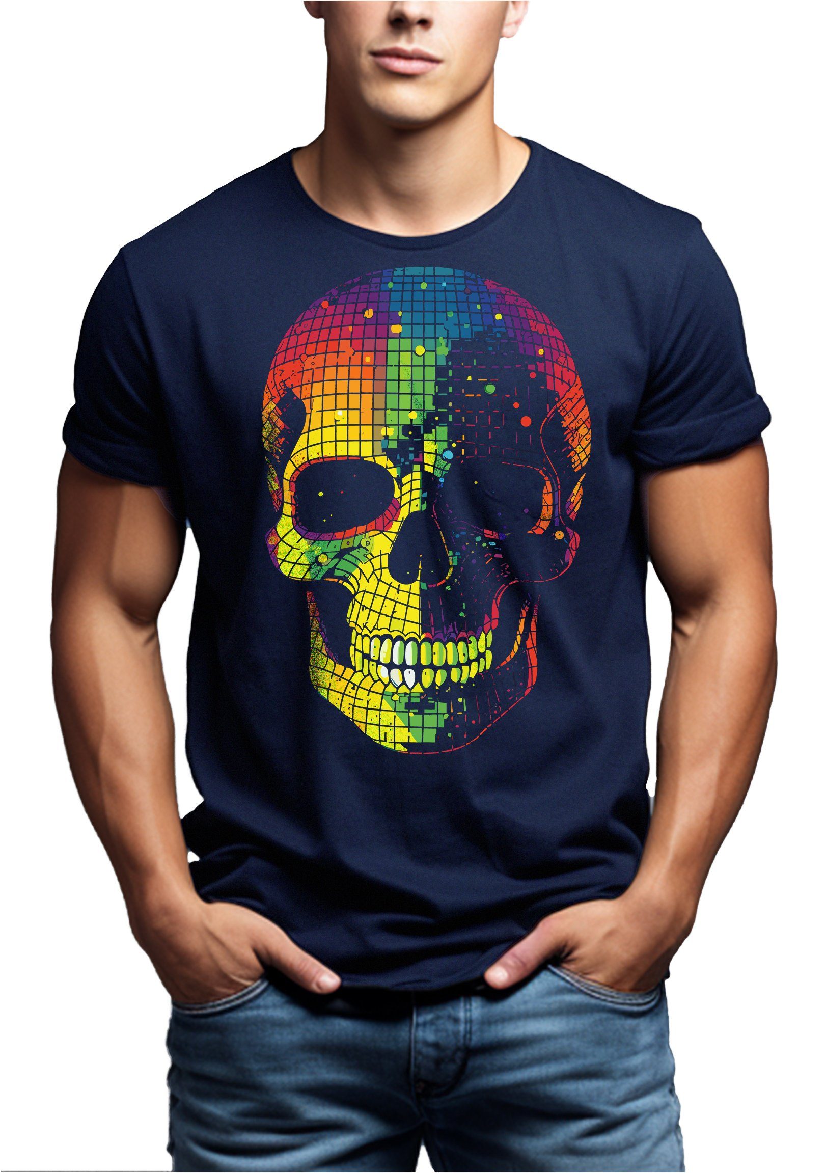 Motiv Skull Jungen Gothic, Herren Jungs Blau Nerd Party Disco Teenager Totenkopf MAKAYA Print-Shirt