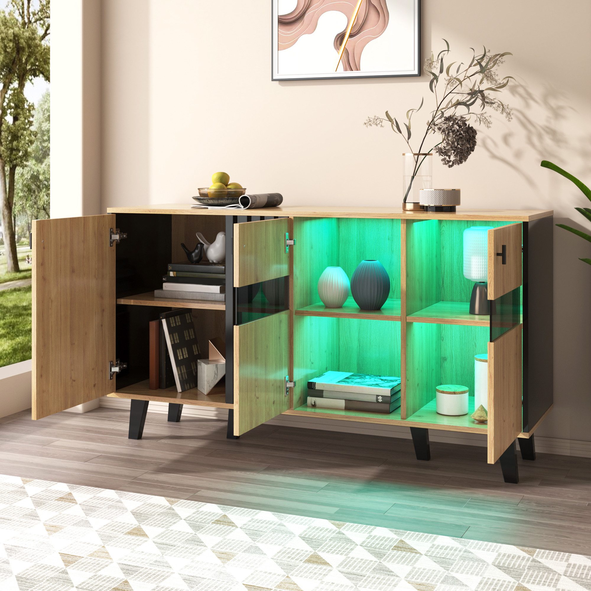 Merax Sideboard inkl. LED-Beleuchtung, mit 3 Türen und 6 Fächer,Kommode Lan günstig online kaufen