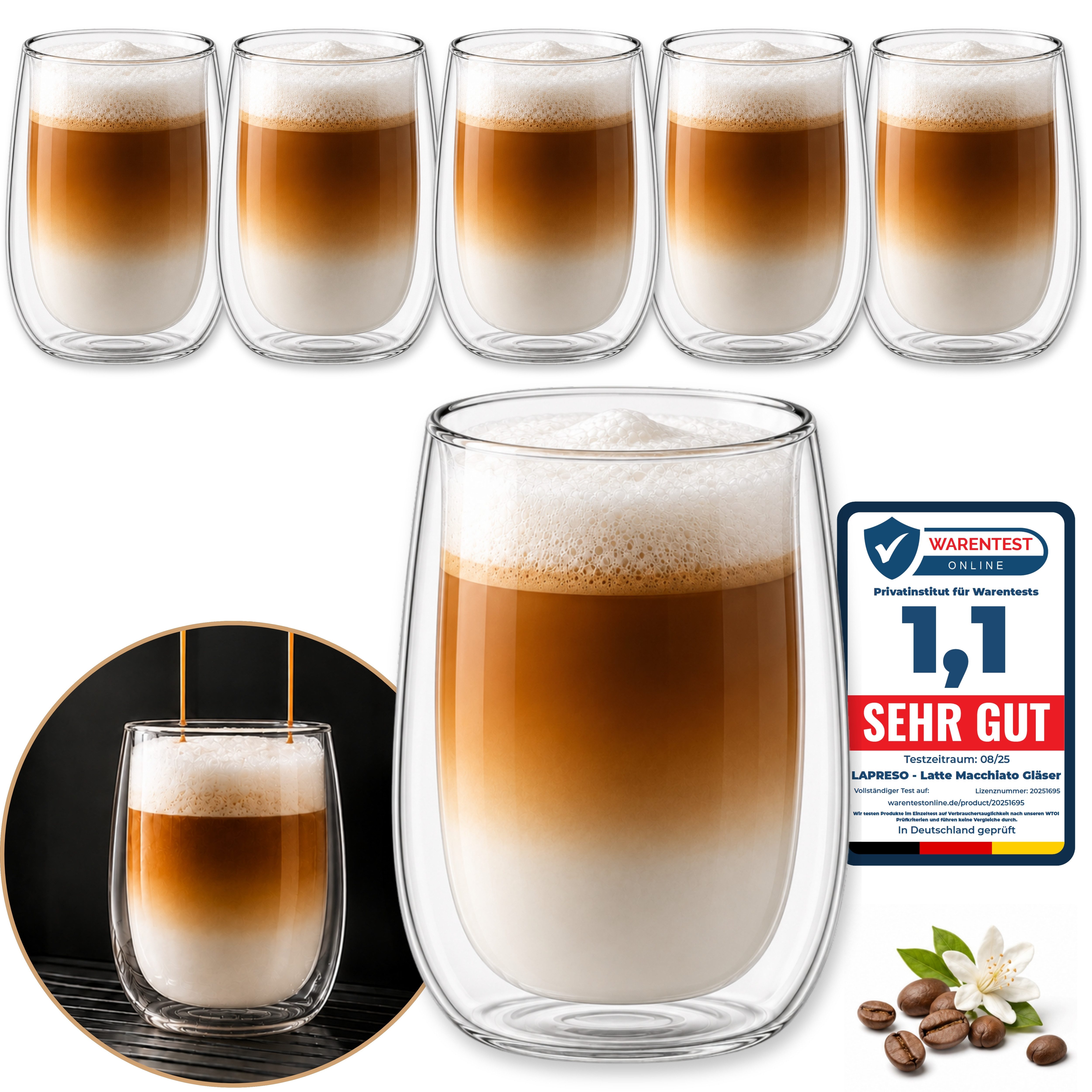 LAPRESO Cappuccinotasse Doppelwandig Thermogläser Kaffeegläser Set 250 ml, 6-tlg., Borosilikatglas, 6er Set