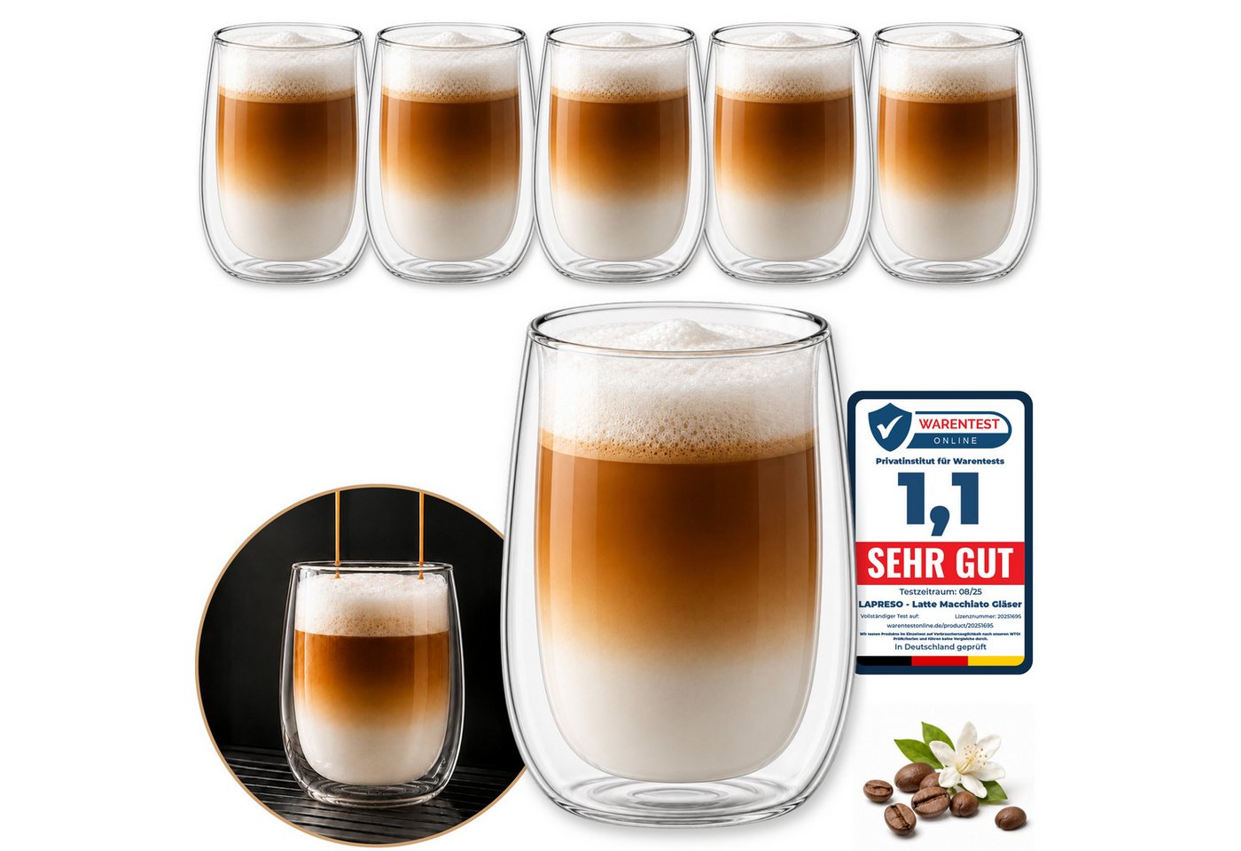LAPRESO Cappuccinotasse Doppelwandig Thermogläser Kaffeegläser Set 250 ml, 6-tlg., Borosilikatglas, 6er Set