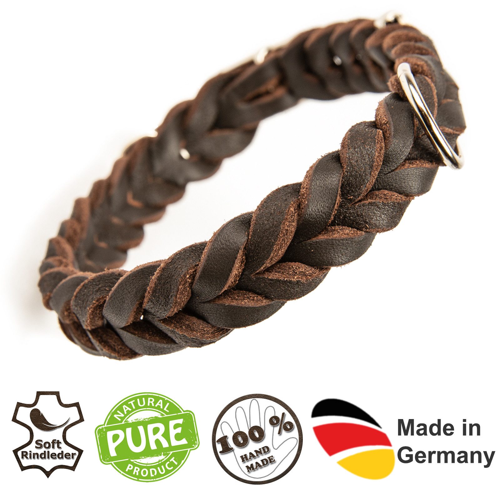 CopcoPet Hunde-Halsband Fettlederhalsband mit Dornschließe verchromt und Messing, Verchromt, Leder, Geflochten, Handarbeit