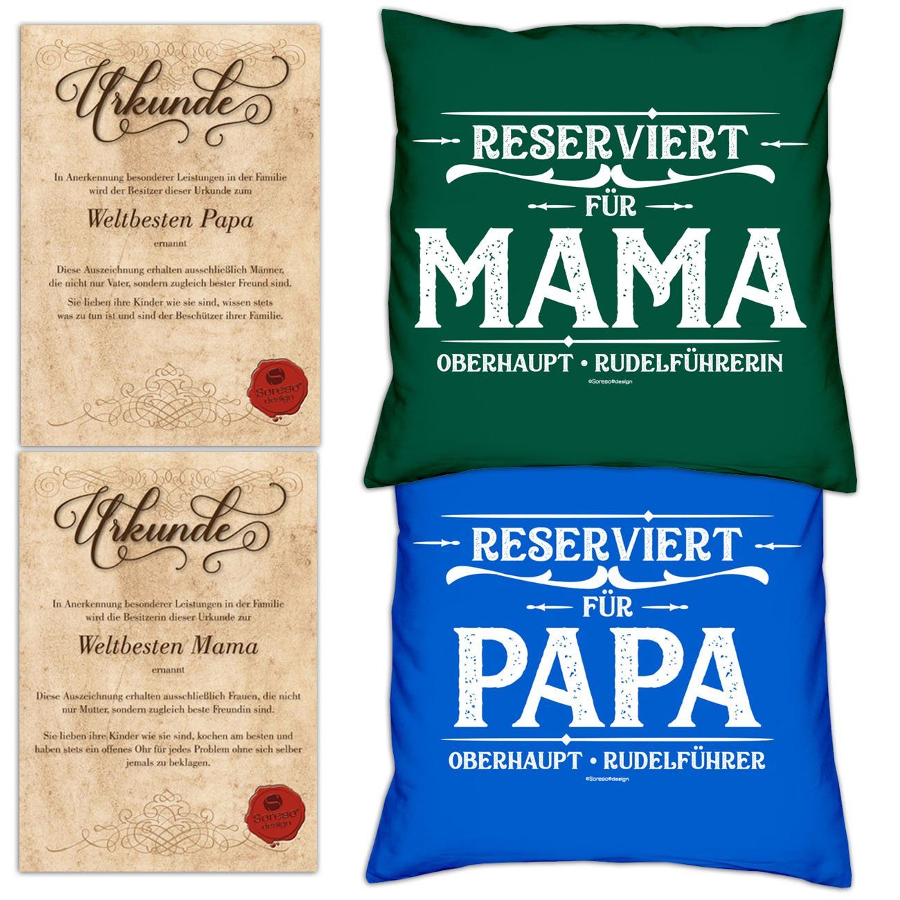 Reserviert für mit Soreso® Dekokissen Set Vatertagsgeschenk Papa Reserviert Urkunden, dunkelgrün Muttertagsgeschenk Kissen-Set für Mama