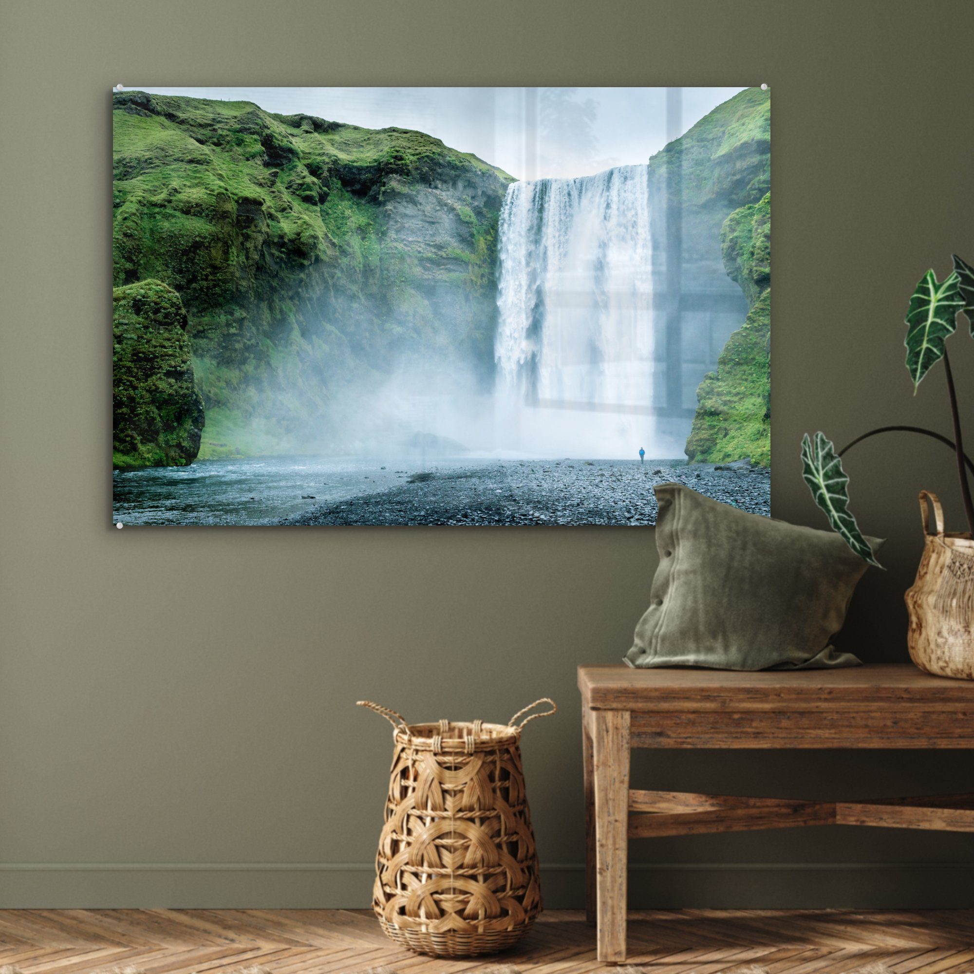 Wasserfall Island - Wohnzimmer & - Schlafzimmer Acrylglasbild MuchoWow St), Acrylglasbilder (1 Grün,