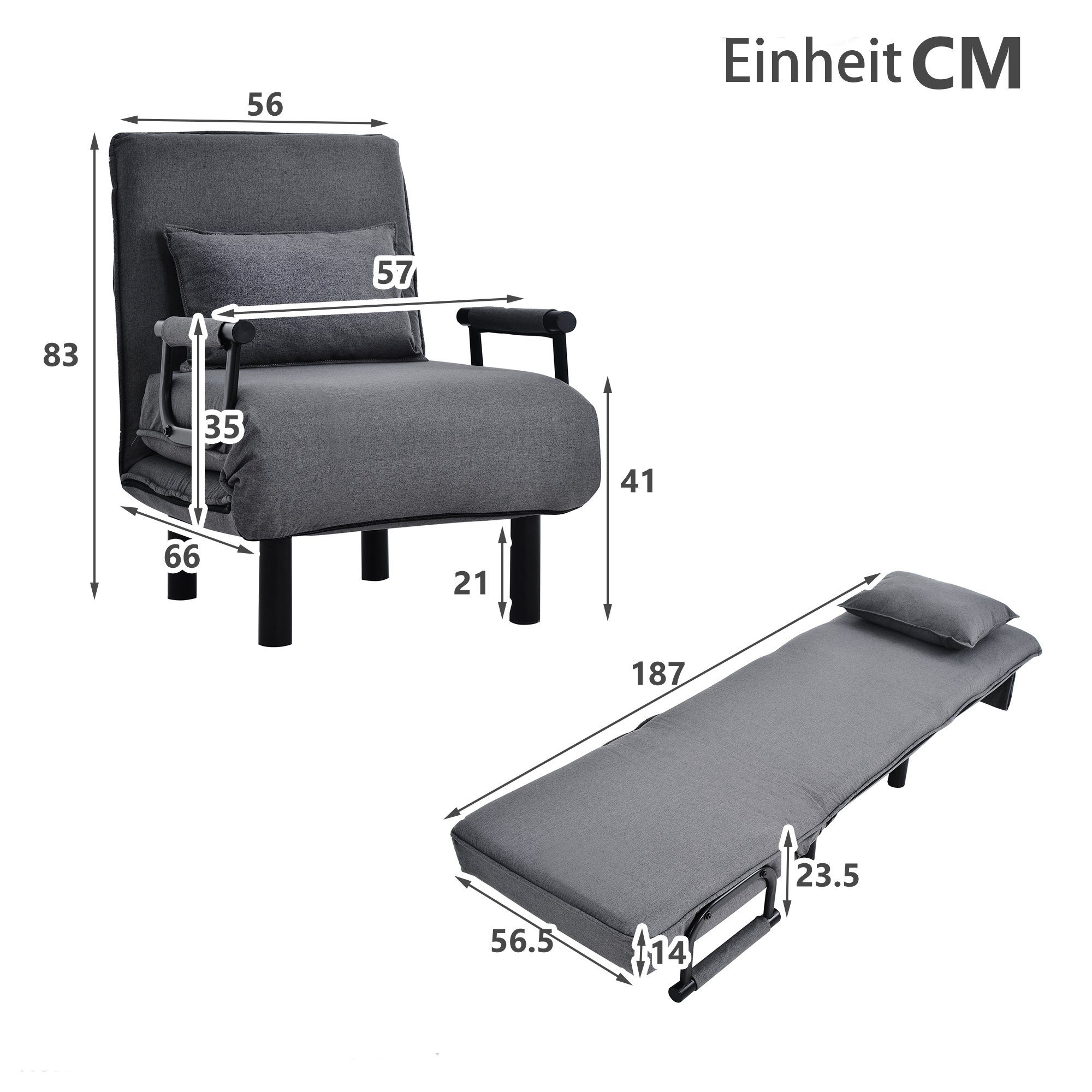 mit BlingBin Sessel Relaxsessel Sessel Grau Schlafsessel), und Ausziehbare Rückenlehne klappbarer 6-Winkel (Ausziehcouch verstellbare Kissen
