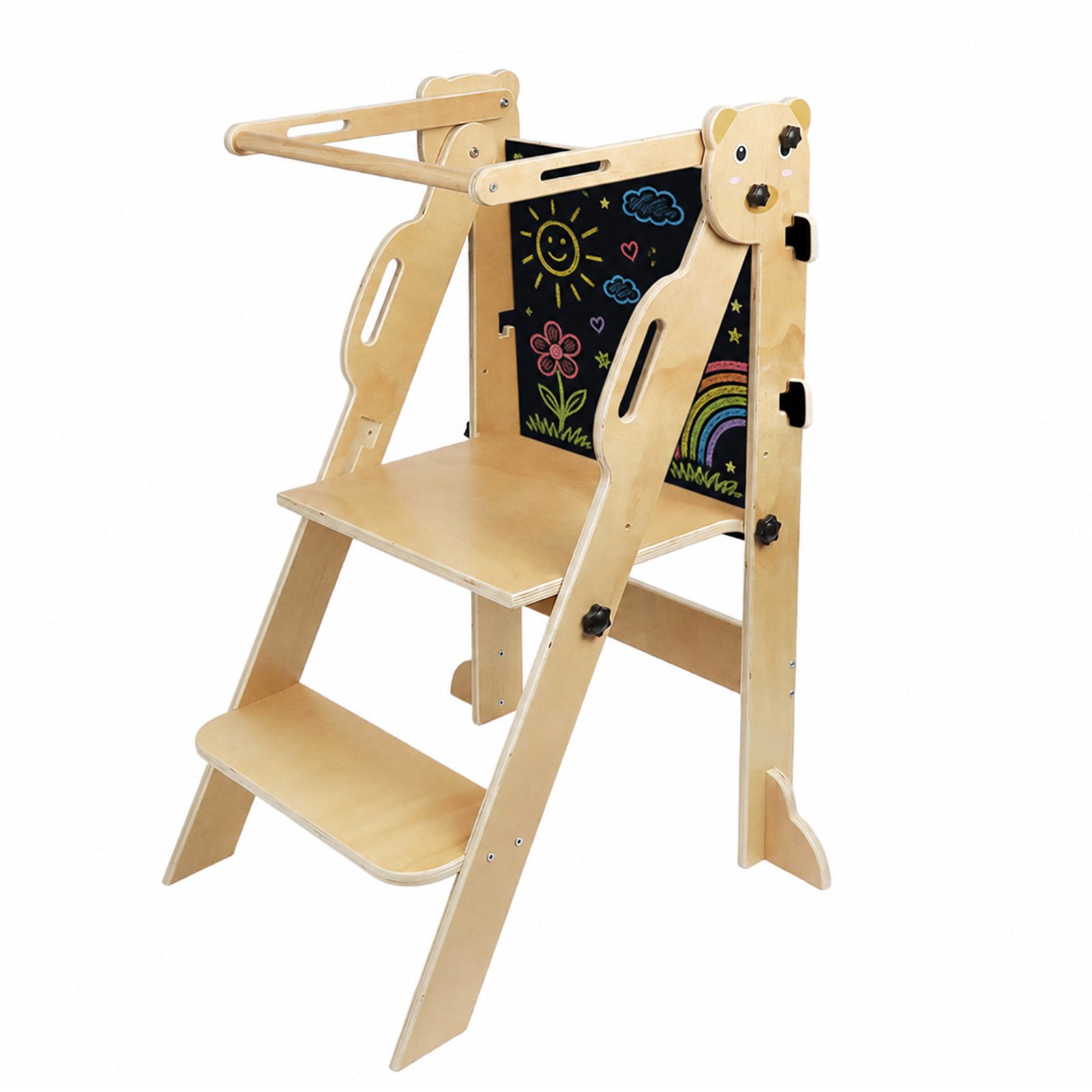 JEOBEST Stehhilfe Lernturm für Kinder ab 1 Jahr, Tritthocker, Schemel für Kinder, (Platzsparend, Holz Klappbar) mit Tafel, mit seitlichem Umkippschutz