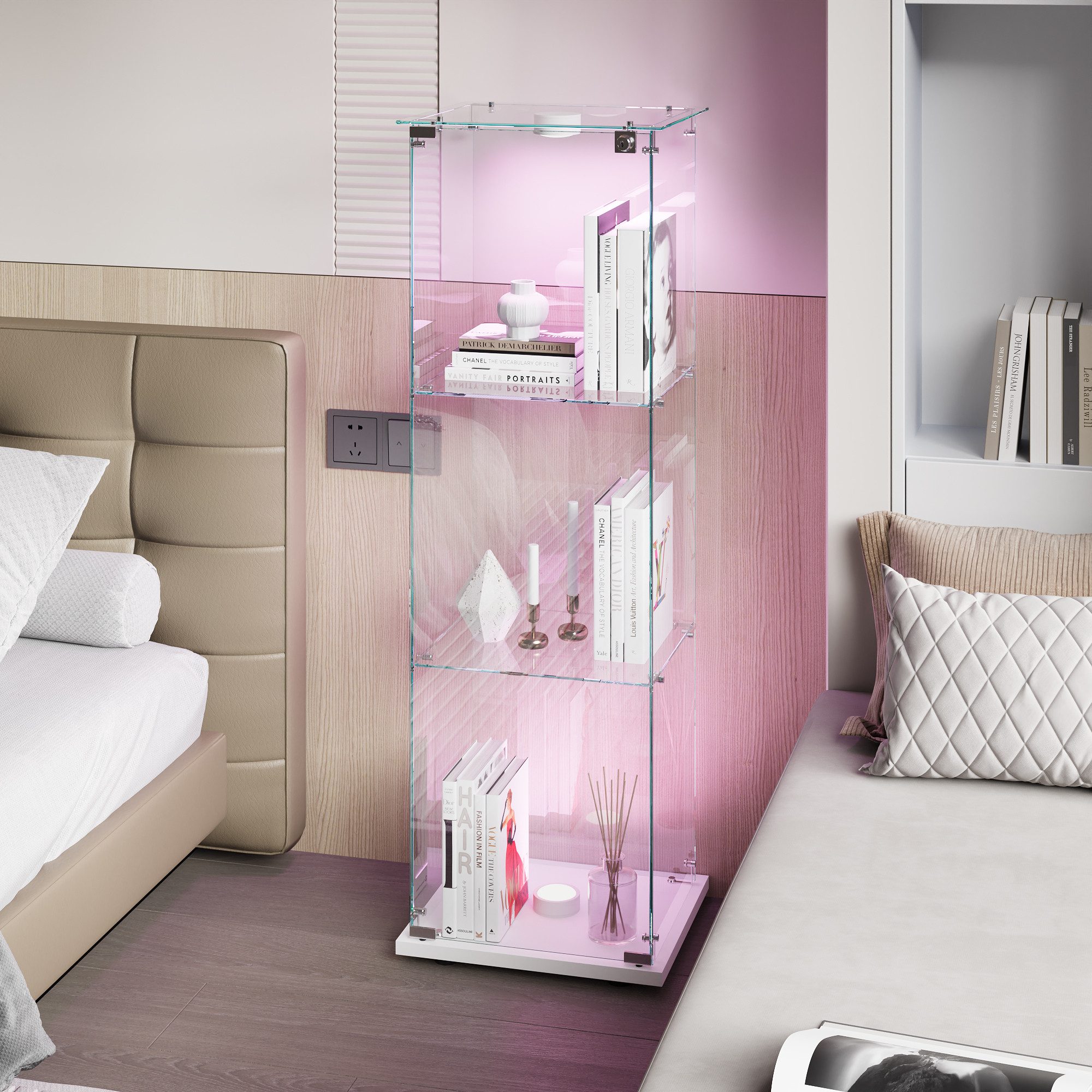 BELUPAI Glasvitrine Standvitrine 3 Lagen Vitrinenschrank (Set, 1-St., Glas Vitrine mit 1 Glastür und Schloss, Touch LED-Leuchten) für Sammlerstücke Bücher Figuren Modelle, 40 x 35 x 123 cm