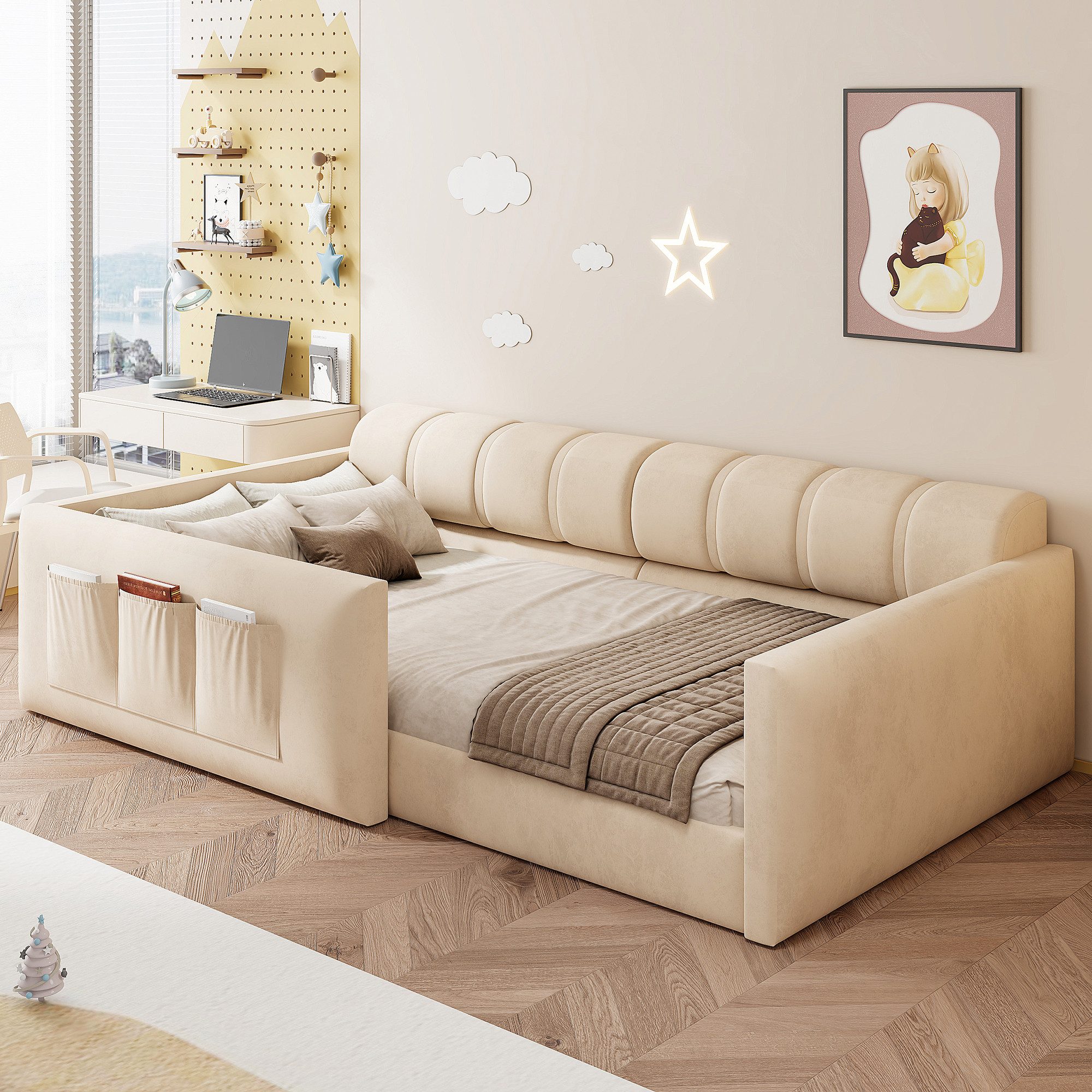 Flieks Polsterbett, Tagesbett Kinderbett 90x200cm mit dickem Polster und Stauraumtasche
