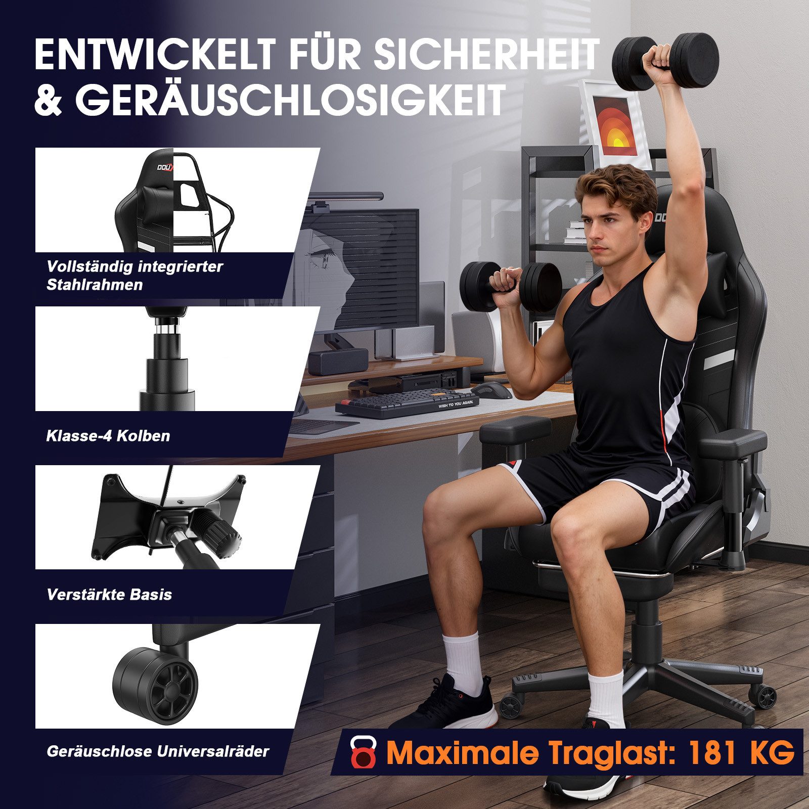 Insma Gaming-Stuhl Ergonomisch Bürostühle mit Knet-&Heizmassage, Wippfunktion bis zu 175°, Computer-Stuhl mit Lenden- & Kopfkissen, 181kg Belastbarkeit