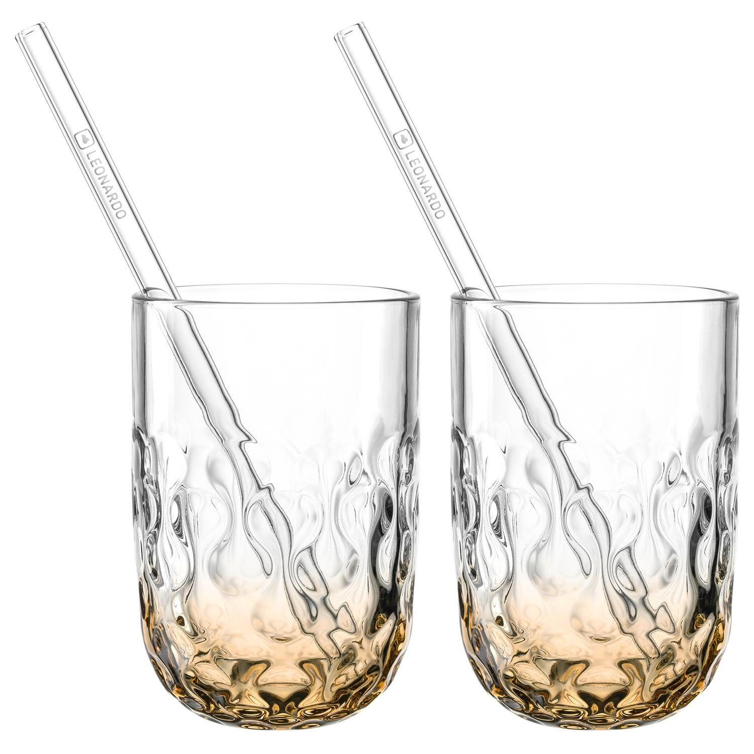 LEONARDO Latte-Macchiato-Glas Trinkgläser-Set GOCCE, Apricot, Transparent, 4-tlg., Glas, 390 ml, inkl. Glastrinkhalmen, mit Reliefmuster