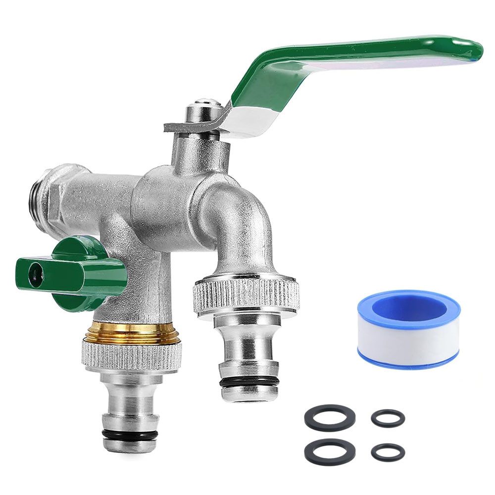 AFKSMILE Absperrventil Wasserhahn Garten, 1/2 oder 3/4 Zoll Anschluss, Doppel Auslaufhahn, Messing Rost, Frostsicher, mit 2 x 3/4 Zoll Abgänge