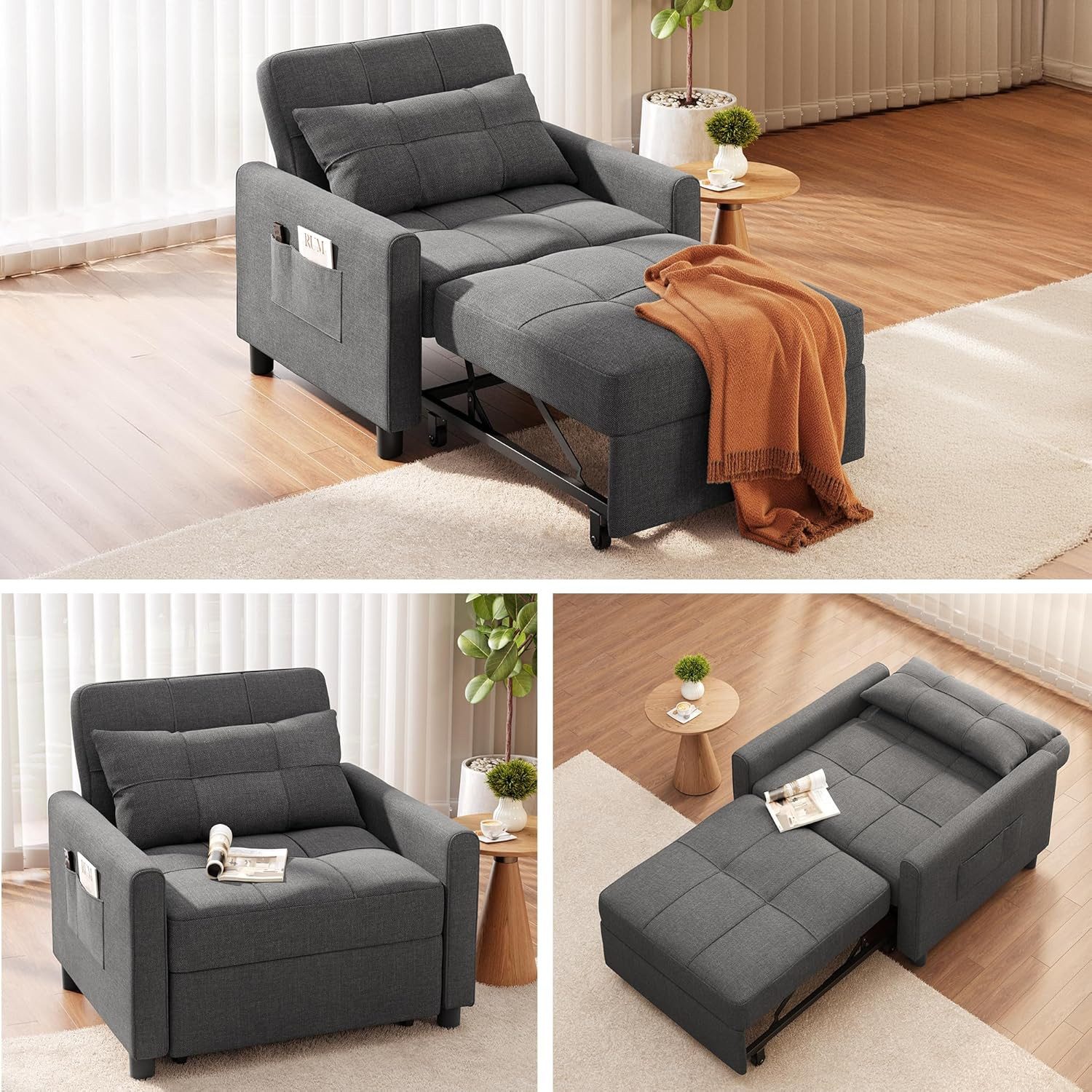 Blishom Relaxsessel 3-in-1 Schlafsessel Schlafsofa Klappbett Relaxsessel 78x86x84 cm, multifunktionaler Sessel zum Ausziehen als Gästebett