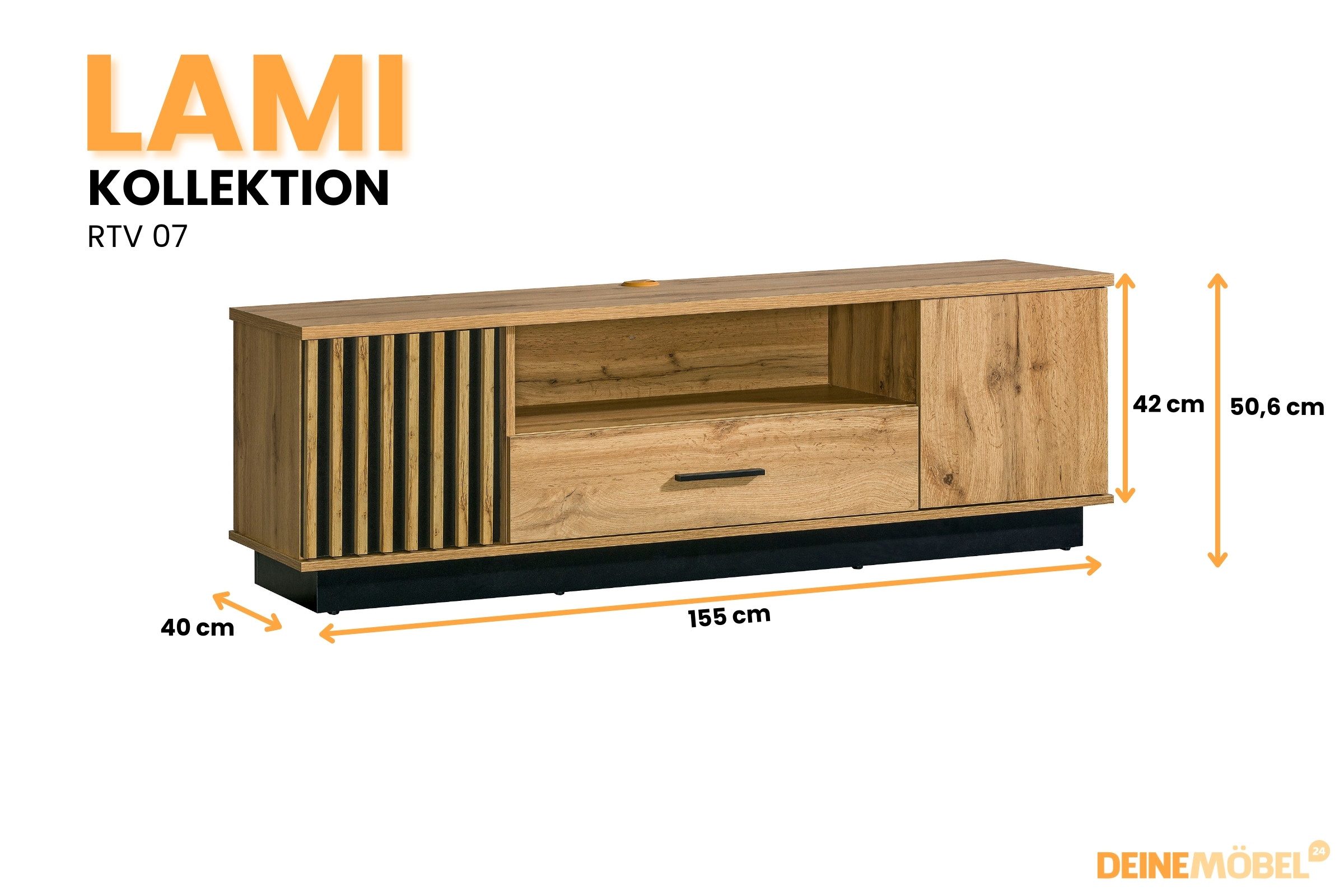 Deine Möbel 24 TV-Board LAMI 7 TV-Kommode 155 cm in Wotan Eiche & Schwarz Matt (LAMI - Kollektion, 1 St., Flexible Platzierung – für Wandmontage oder Bodenaufstellung geeignet), mit Türen, Schublade & Regalboden