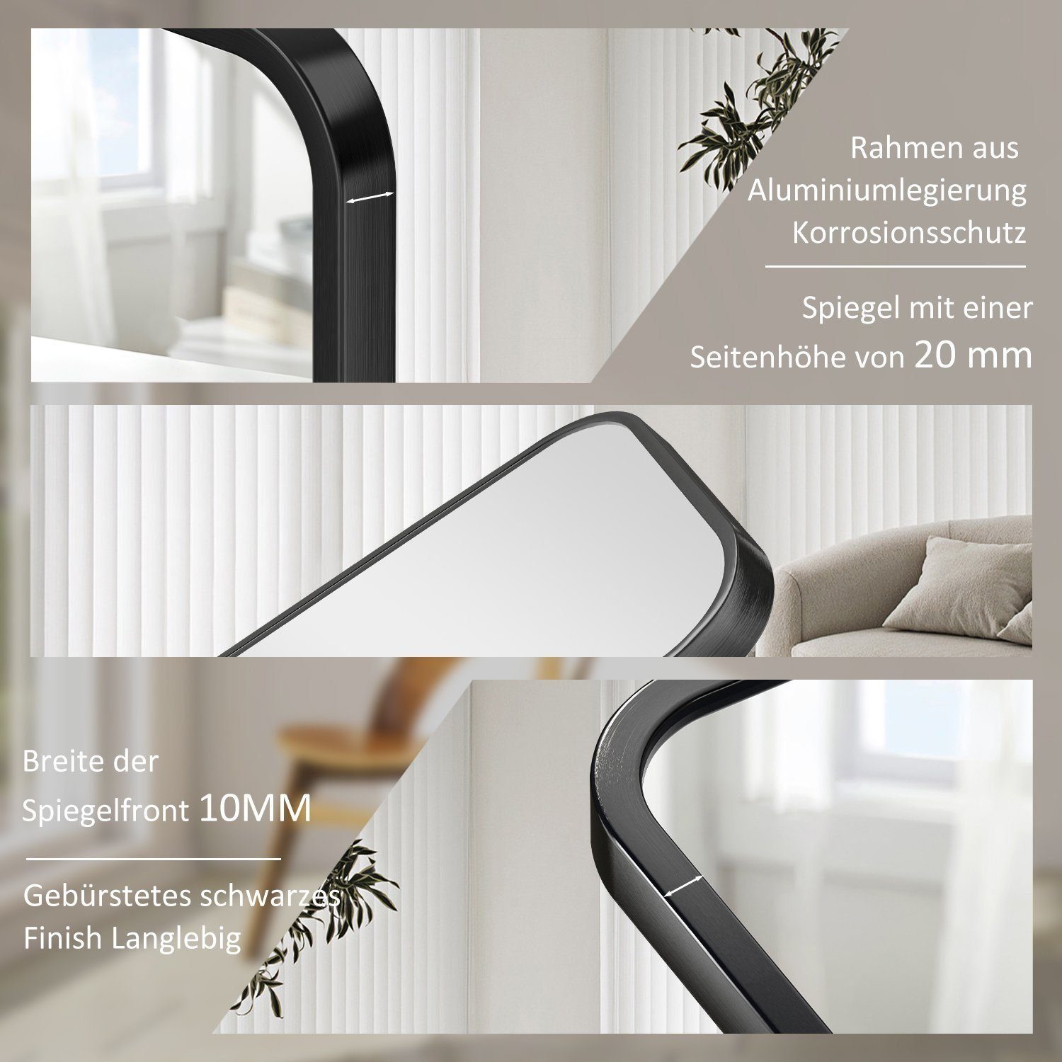 Boromal Standspiegel Wandspiegel Ganzkörperspiegel Schwarz Groß Flurspiegel 140x40cm (HD Groß Hochspiegel, 5mm Kupfer-und bleifreier Spiegel), mit Alu-Rahmen,2 Montagemöglichkeiten